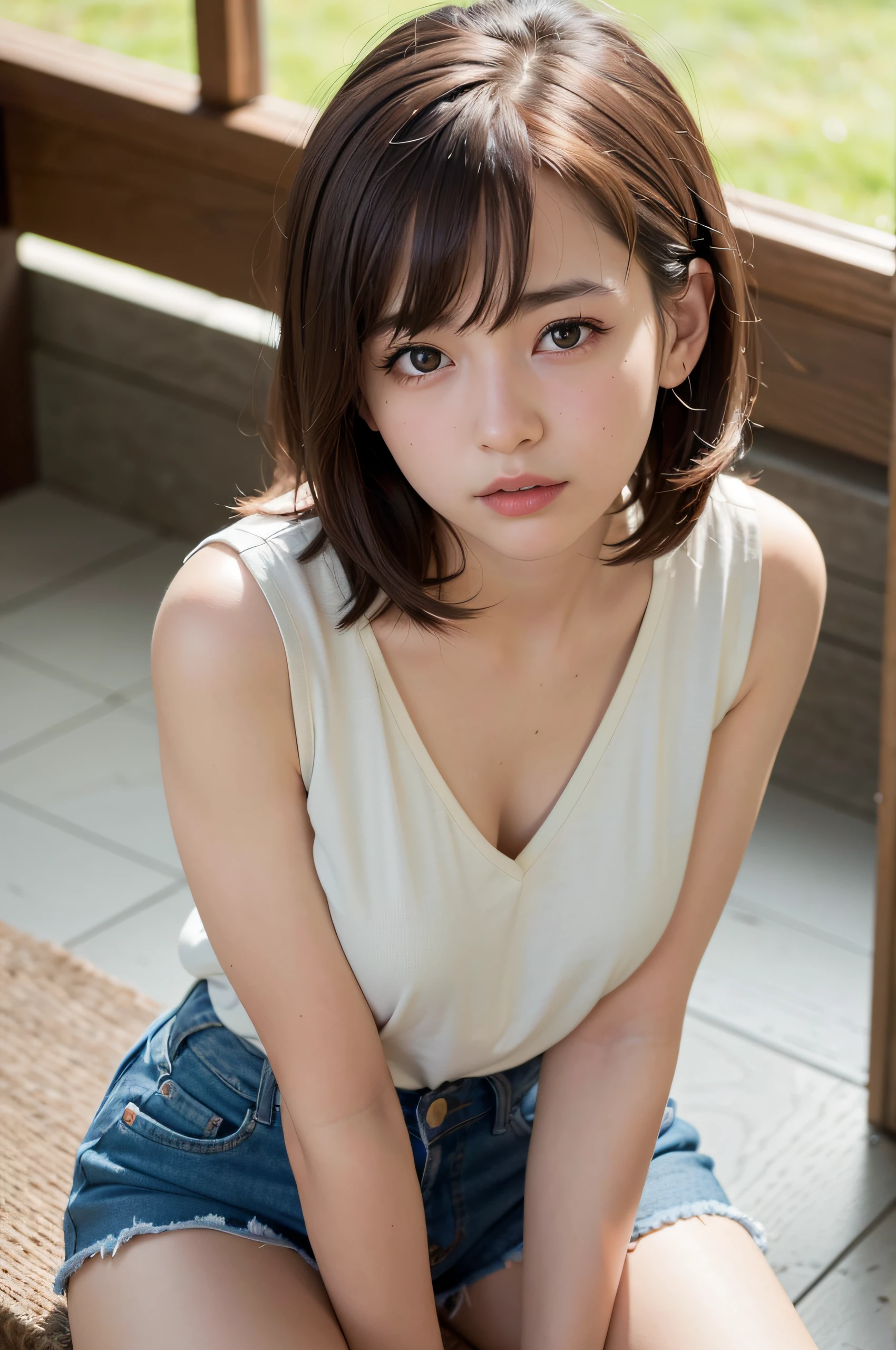 (((32k,High detail,High Detail、masterpiece,Attention to detail,Whole Body Ezbian,solo))),RAW Photos & Realistic atmosphere,美しい濃いblue eyes,Mouth details,glossy lips,Fine eyebrows,With soft white skin that shines in every detail、Detailed eyes、blue eyes,Very beautiful eyes,Detailed lips、Very beautiful face,Very well-formed face、A vivid face,Beautiful, shining lips, Realistic Young Gravure Idol, Very beautiful school girl, , Young Sensual Gravure Idol, Young Gravure Idol,masterpiece, high-quaiity,(Correct Anatomy),Raw Photos、Cute face,well-proportioned face、Embarrassed look,Japanese、She's cute like a Korean idol、Black Hair、White off-shoulder,mini skirt,The front of the body is facing the camera, the body foward to camera,Crouching in the city,Crouching by the wall,((spread legs)),((show girl's panty)),(Showing her panties),Spread your knees to show your underwear,(13years old),,(girl),outside,short cut,Short Hair,spread knees,looking at the camera,Narrow waist,High resolution,Super detailed,Fine details,Very detailed,Realistic eyes and faces,Realistic students,Sharp Focus,natural light,day light,flat chest,wearing white sneakers,high quality