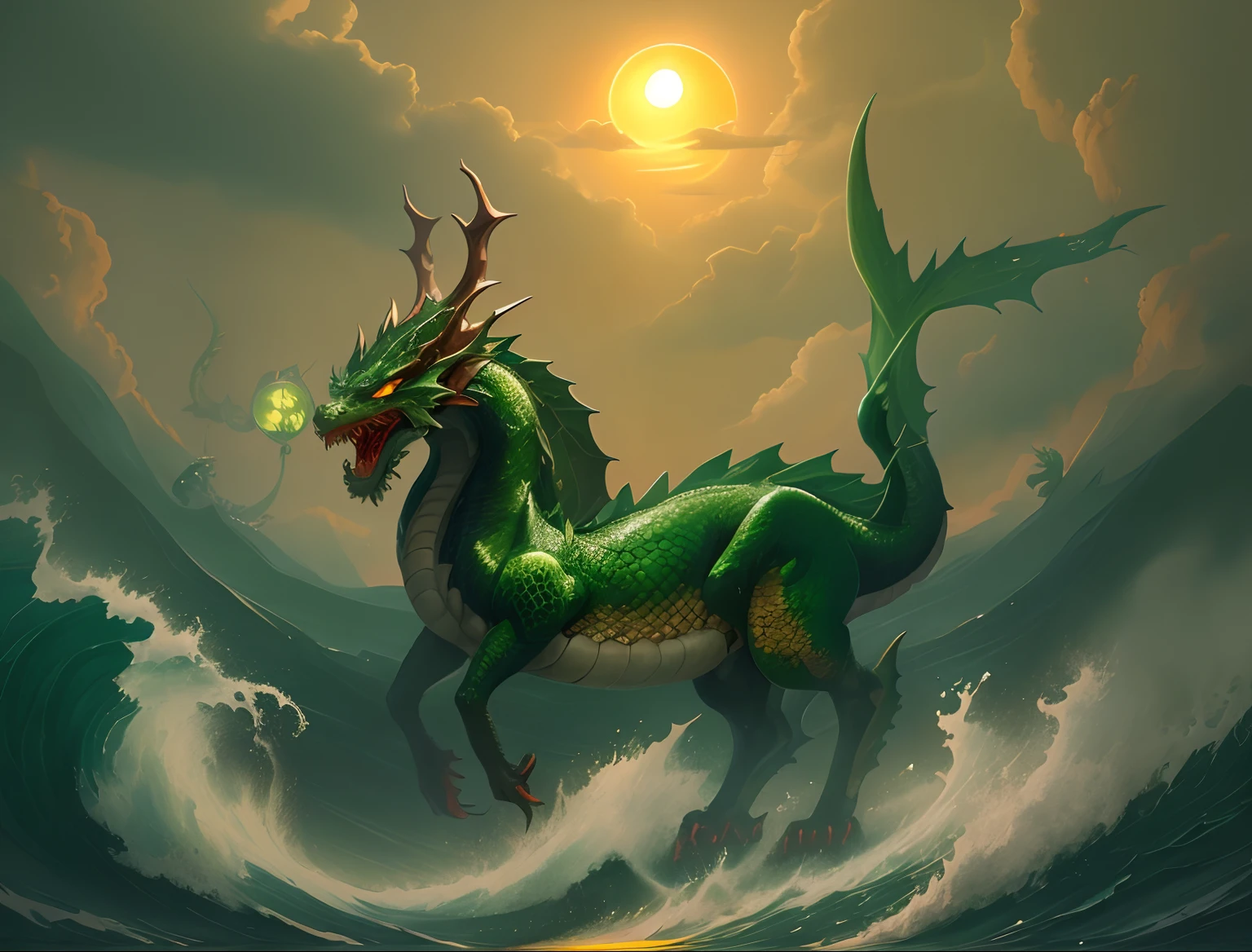 A dark green dragon with a long tail and tail is in the waves of the sea...,In the sea there are waves...,evening,Orange Sun,Orange Sun,evening, a dragon, Mythical Creatures, Mythical Creatures, Dragon Horned Curve!, anthropomorphic dragon, Chinese dragon, as an anthropomorphic dragon, Color painting, smooth chinese dragon, chinese dragon concept art, but as an anthropomorphic dragon, dragon art, Dragon with scars,Very sharp 8k body,Green flakes,Complex body;