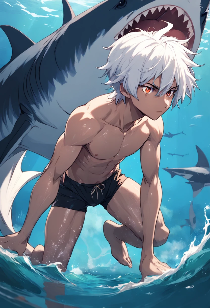 Merman humano adulto, pele negra, medium white hair, shark fin on the back, olhos azuis, roupas pretas, Mar profundo, 2D, Art in a piece, anime 4k, contorno perfeito