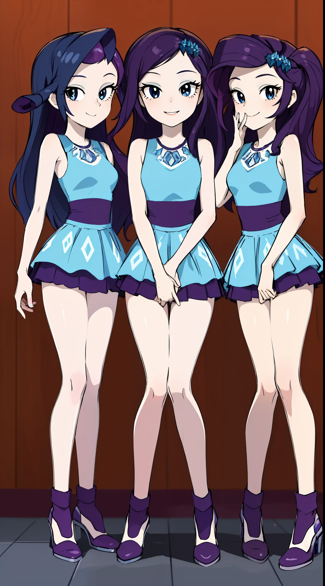 masterpiece,best quality,3girls,trio,mlprarity,colored skin,hair ornament,purple hair,blue eyes, full body, smile, triplets, clones, trio pose