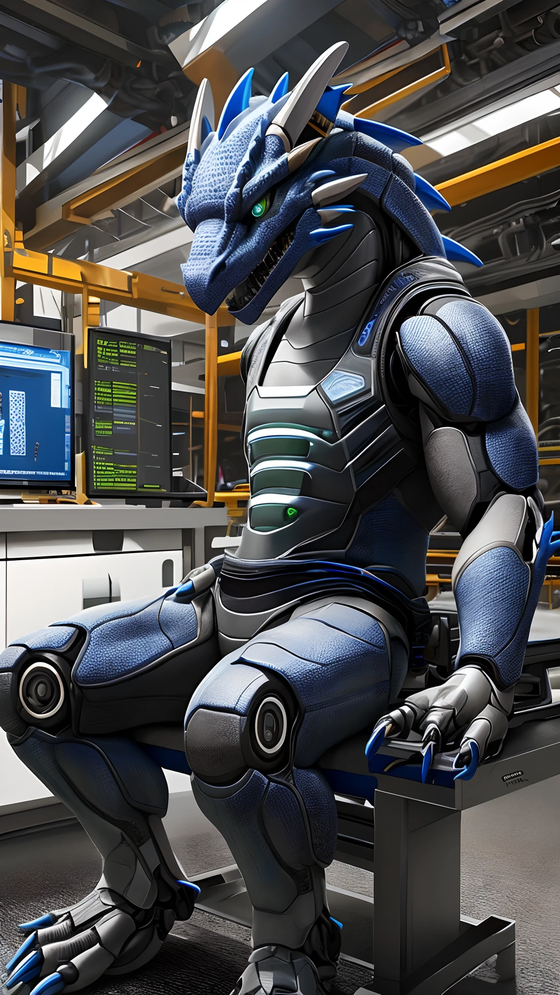 Bionic robot dragon，female，Gilet blanc，Genitalia，Lie on the machine bench，HD graphics，Detailed and realistic，high detal，high qulity，photo-realistic，photorealistic eye，Detailed paws，Clear eyes，Masterpiece artwork