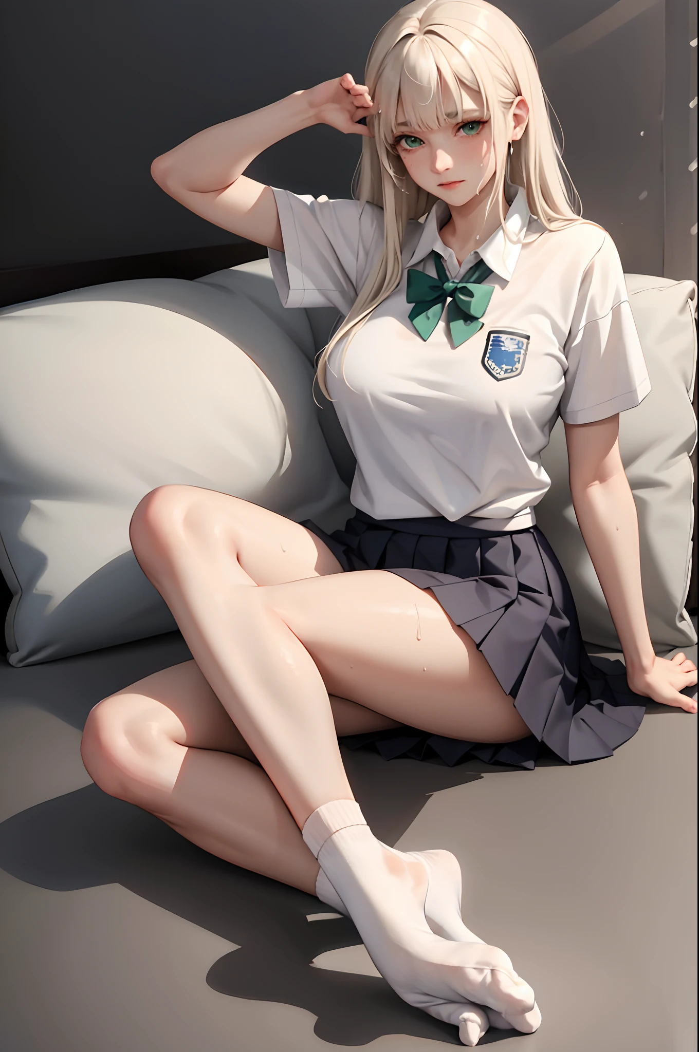 (masterpiece:1.2, best quality), (real picture, intricate details), 1lady, solo, full body, showing feet, socked feet, long hair, minimal makeup, natural fabrics, close-up face, tired face, tired, hot, long light platinum blonde hair, bangs, Korean bangs, bangs on forehead, green eyes, big breasts, bis tits, mature body, detailed face, sweaty, sweat, extremely sweaty, cute school uniform, pleated skirt, school skirt, school t-shirt, cute unform, school, school setting, sweaty body, showing socks, using socks, sweaty socks, socks view, showing soles, showing feet, socked feet, feet with socks, socks, feet pov, socks pov, showing soles, showing socked soles, soles on viewer.