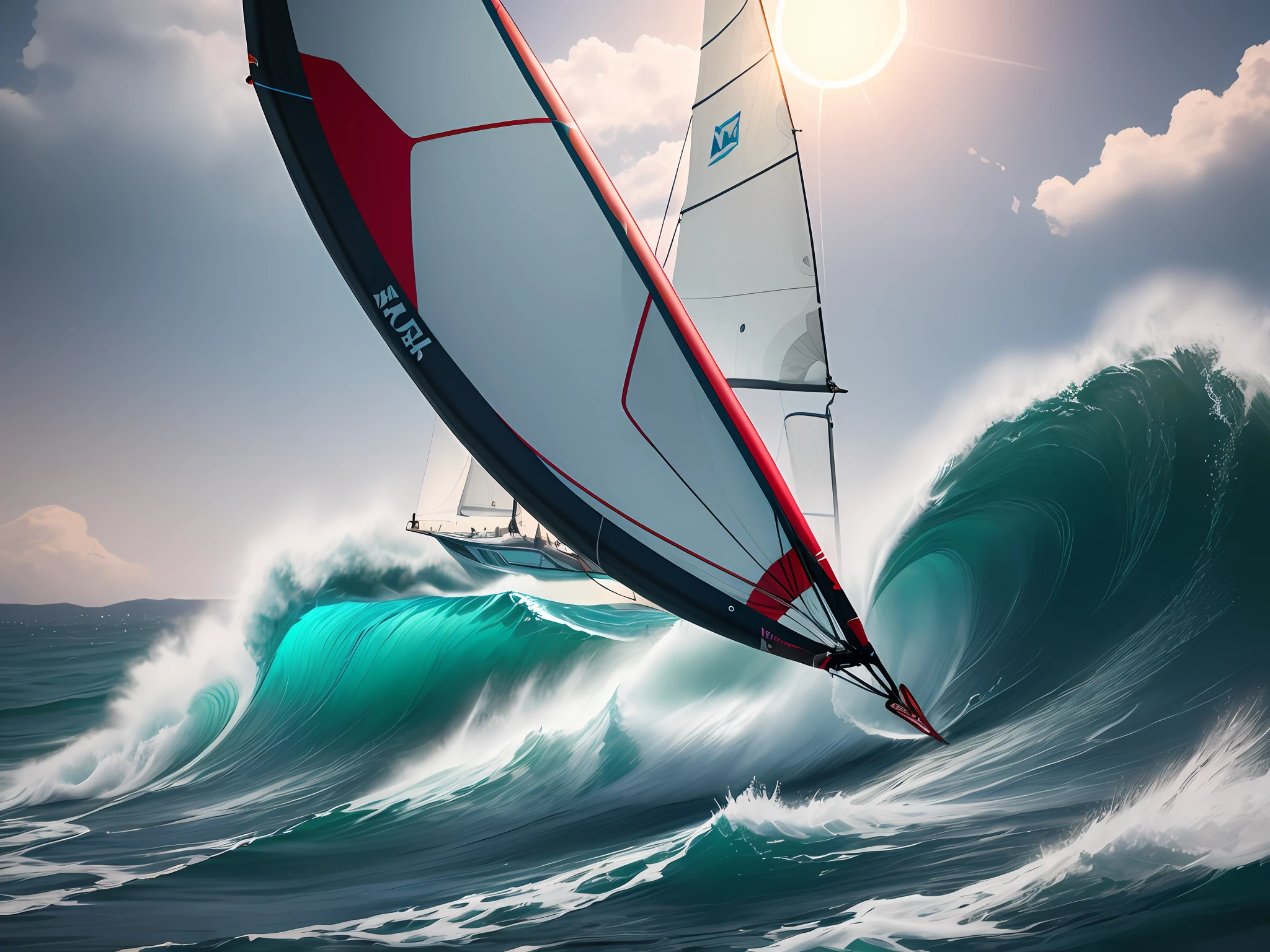 Windsurfer, colorful sail, sun behind sail, rough waves, octane render, high definition