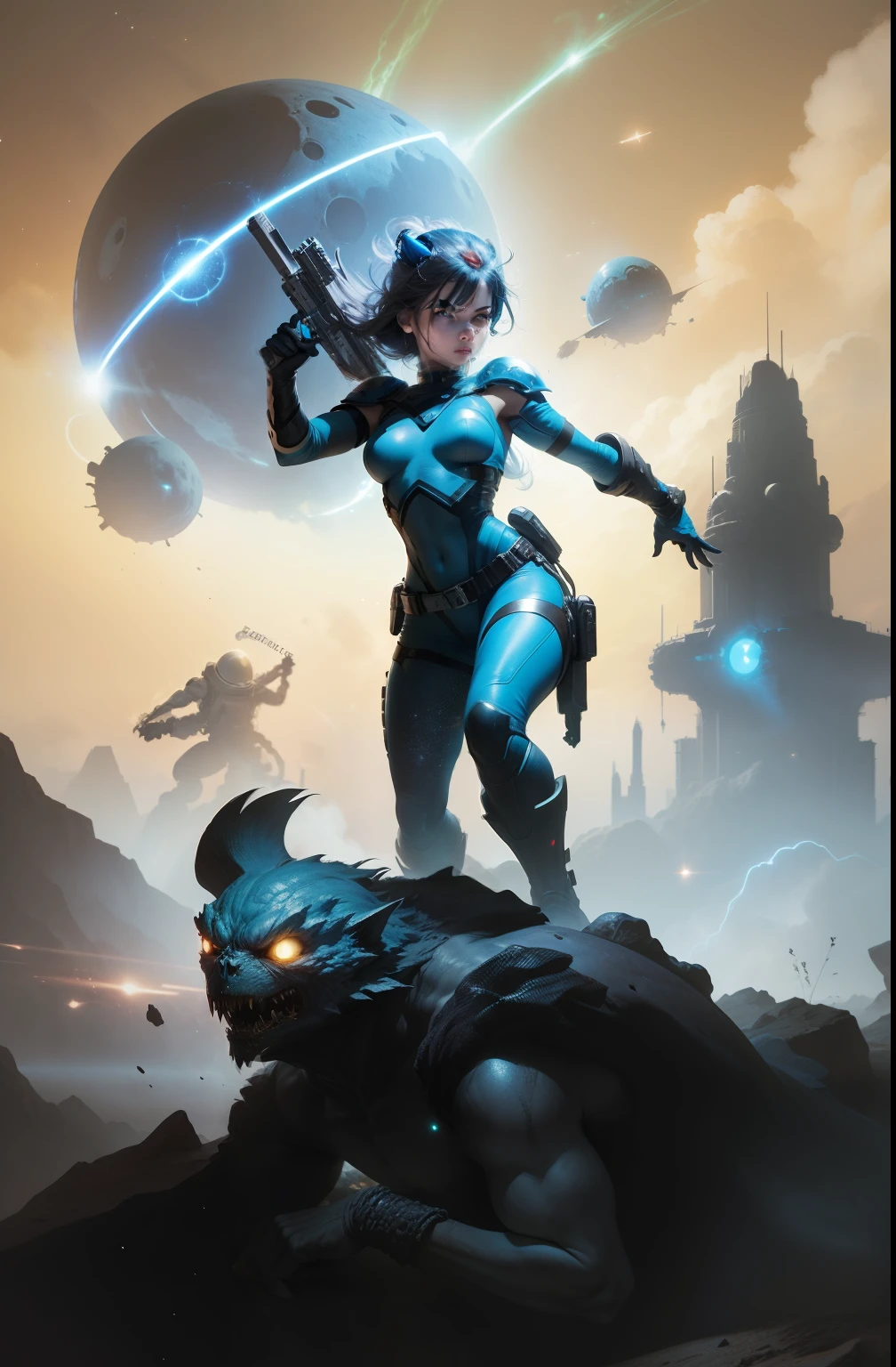 space war scene space girl laser monsters, space girl with laser fighting off space monsters in the style of Frank Frazetta, perfectly aligned eyes, eyes symetrical