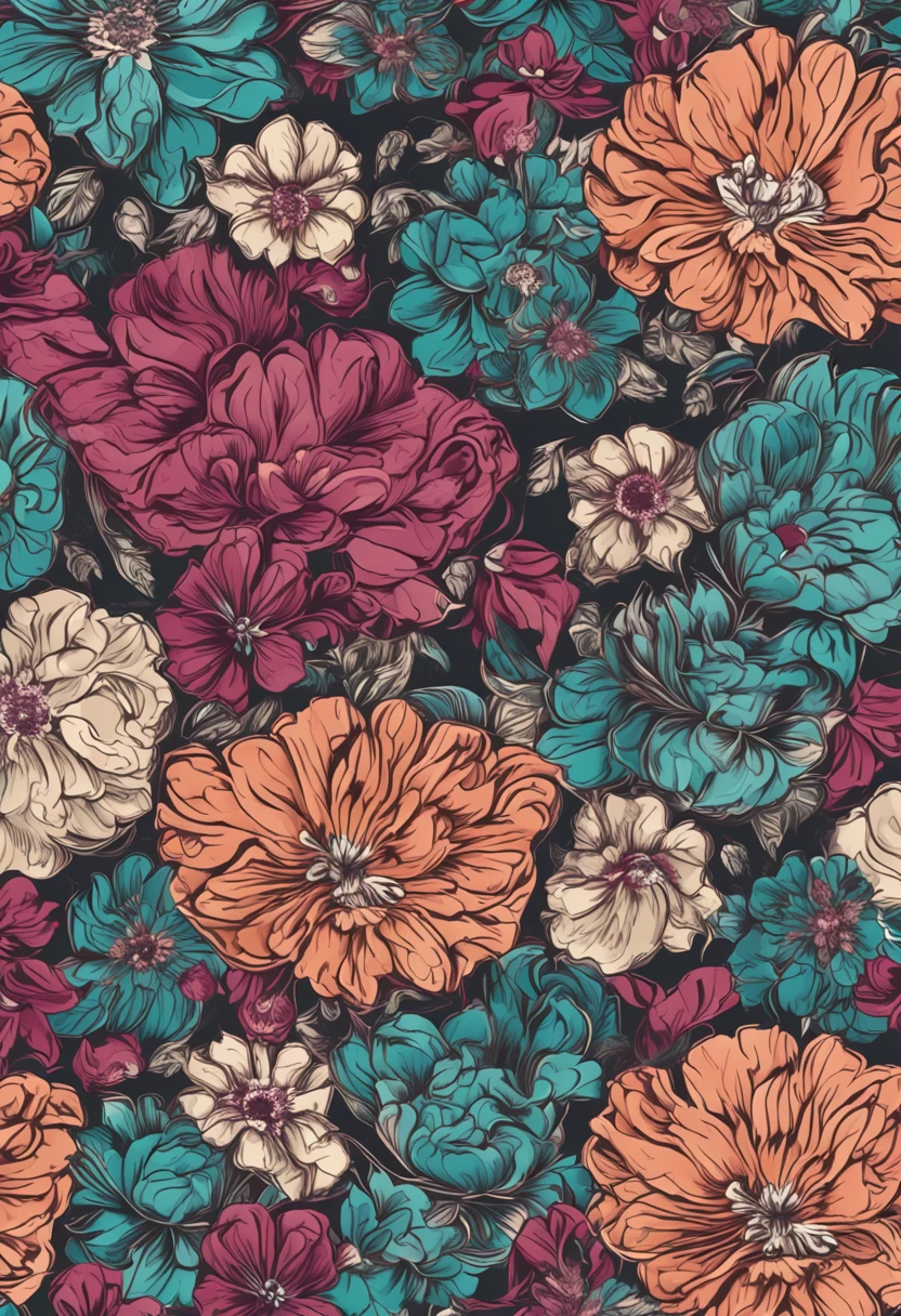 Beautiful repeating beautiful floral patterns in gemstone tones, 3d effect, Ultra photo realsisim , Pinterres, The hexadecimal code color is 5ABCB9, 63E2C6, FB6376, 613F75, 0C6291 only, Flowing, the wallpaper, Artistic