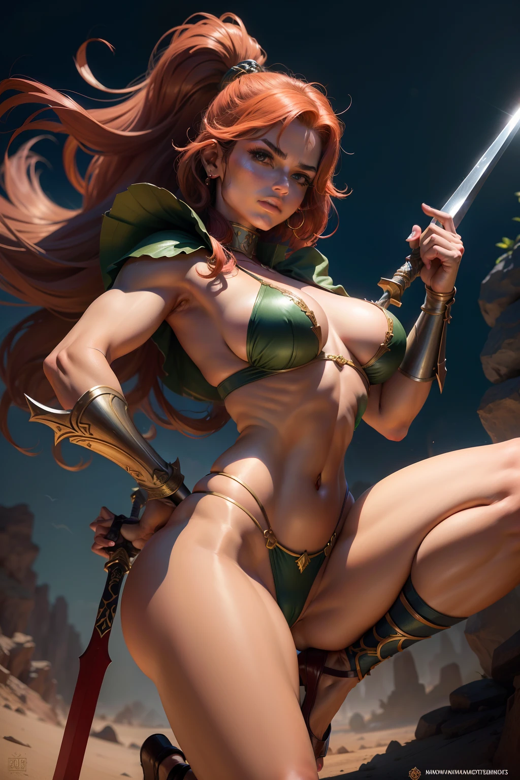 Arte similar John Buscema,1mulher,cabelos longos ruivos,olhos verdes,voluptuosa(detalhes no corpo),muito bonita,usando armadura feminina feita de escamas de prata,estilo red Sonja,impiedosa,arrogantes, standing on her feet,with his sword in his hands,corpo inteiro,diante de seus inimigos Stygios.