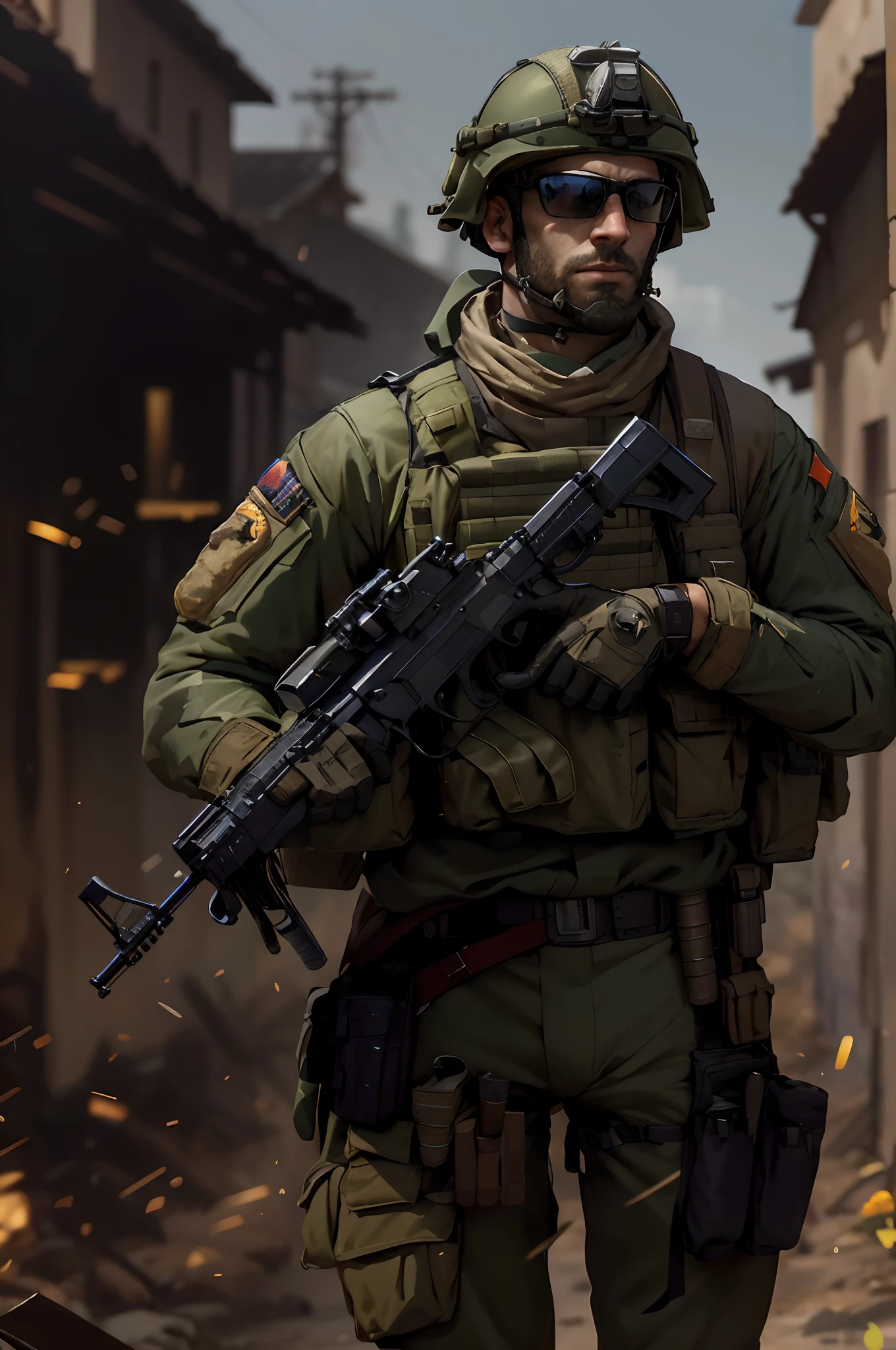 Mercenary, male focus, holding a belt-fed machine gun with two hands, load-bearing vest, cigar in mouth, ammunition belt, danger atmosphere, war zone