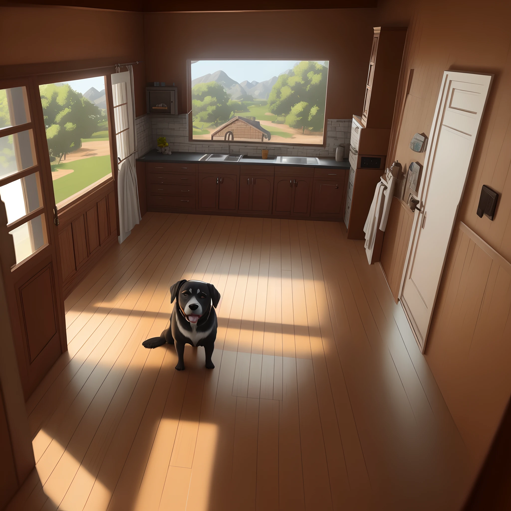 Casa de montanha, com apenas um andar, ultra realista, 8k, com quintal razoavelmente grande com grama, 2 cachorros um darshhound e 1 labrador