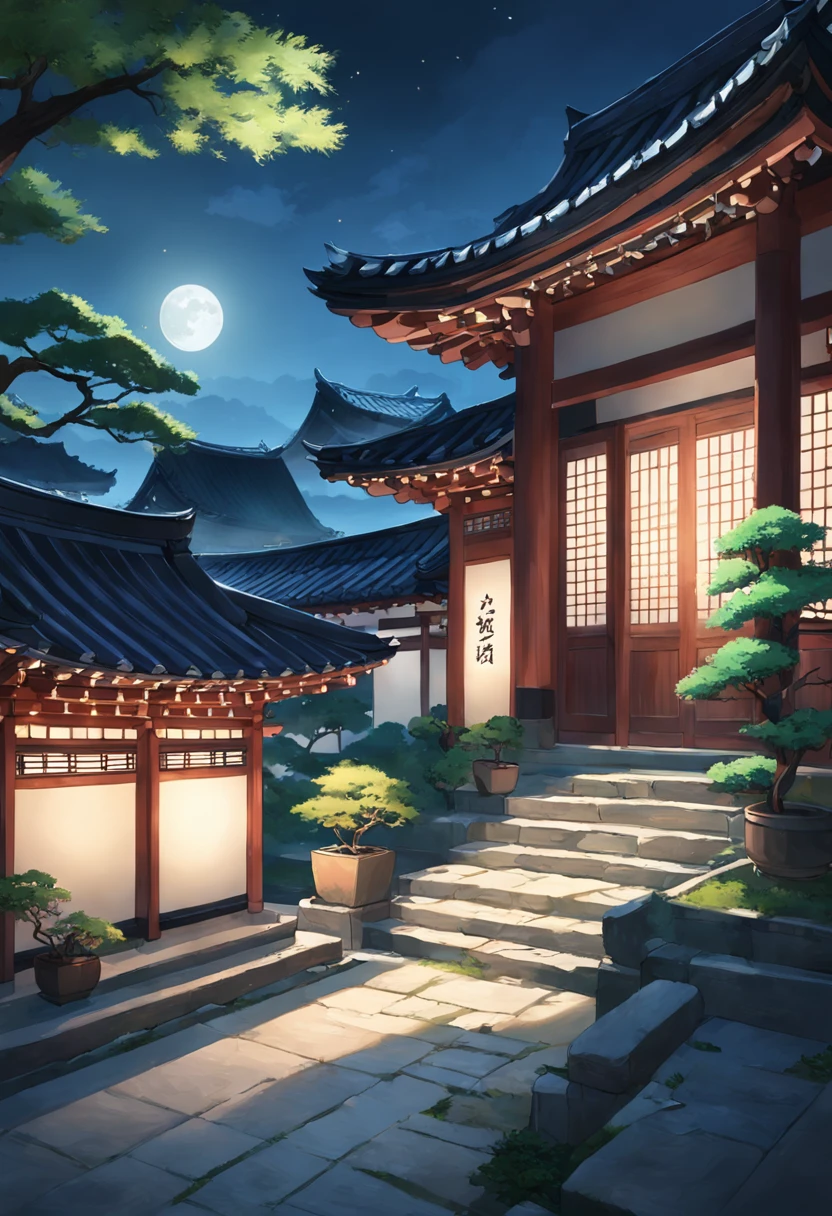A moonlit courtyard in the heart of the Joseon Dynasty, adorned with traditional architecture and lush greenery.