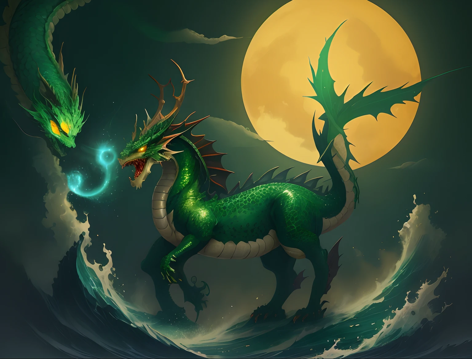A dark green dragon with a long tail and tail is in the waves of the sea...,In the sea there are waves...,evening,Orange Sun,Orange Sun,evening, a dragon, Mythical Creatures, Mythical Creatures, Dragon Horned Curve!, anthropomorphic dragon, Chinese dragon, as an anthropomorphic dragon, Color painting, smooth chinese dragon, chinese dragon concept art, but as an anthropomorphic dragon, dragon art, Dragon with scars,Very sharp 8k body,Green flakes,Complex body;