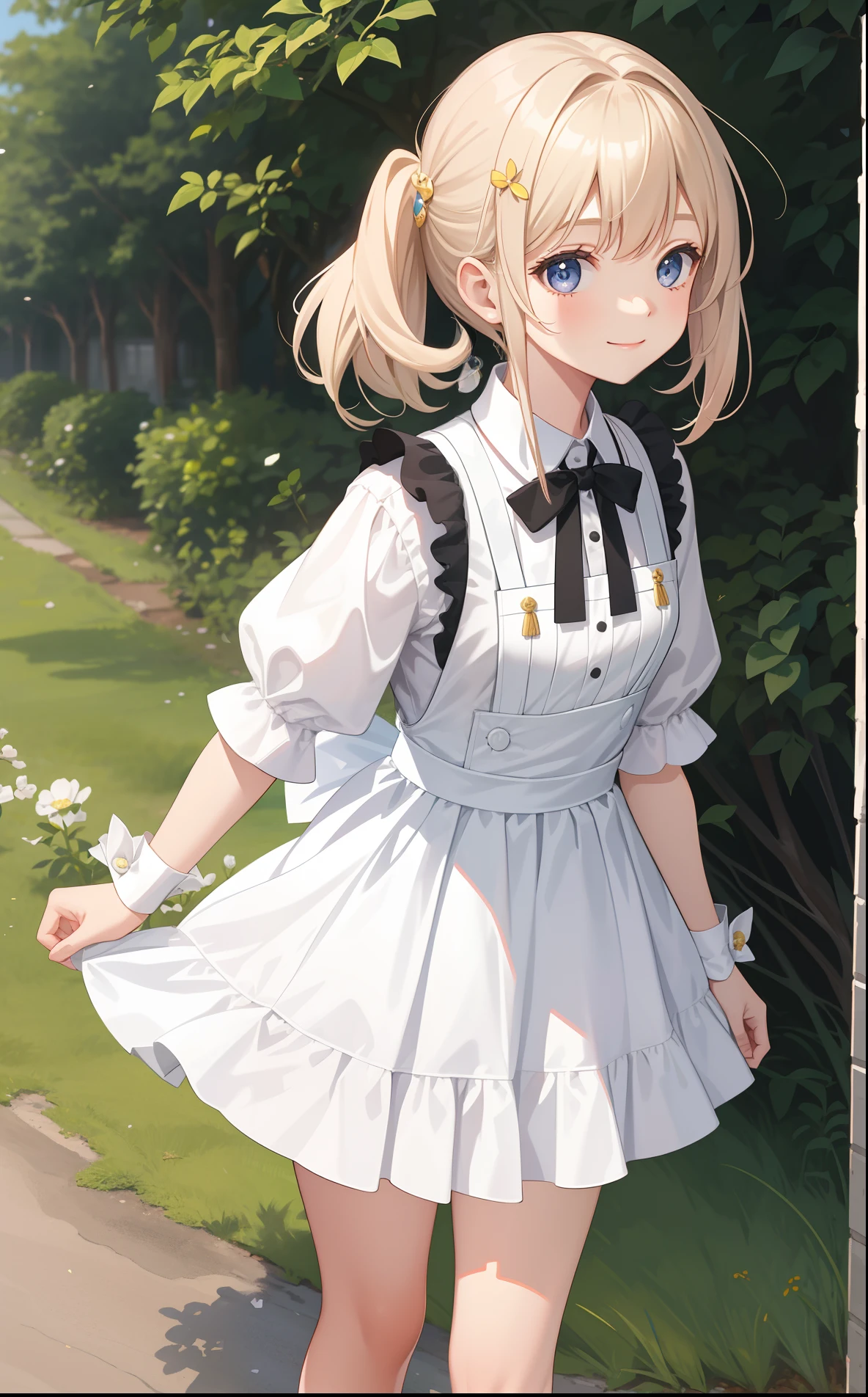 1girl in、AS-Adult、A smile、A delightful! The shirt、skirt by the、(small tits)pinafore、doress、hair adornments、(Maids)、Spring breeze、