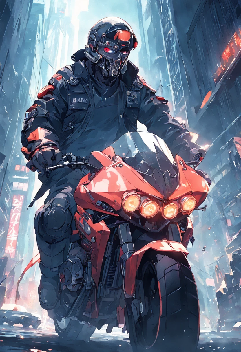 {Best quality}, {{Masterpiece}}, {A high resolution}, Original, Extremely detailed 8k wallpaper, A man wearing a police motorbike helmet, Terminator 2, Judgement day, science fiction writer style, adventure, mega city, grasping power