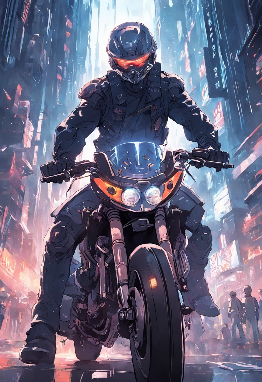 {Best quality}, {{Masterpiece}}, {A high resolution}, Original, Extremely detailed 8k wallpaper, A man wearing a police motorbike helmet, Terminator 2, Judgement day, science fiction writer style, adventure, mega city, grasping power