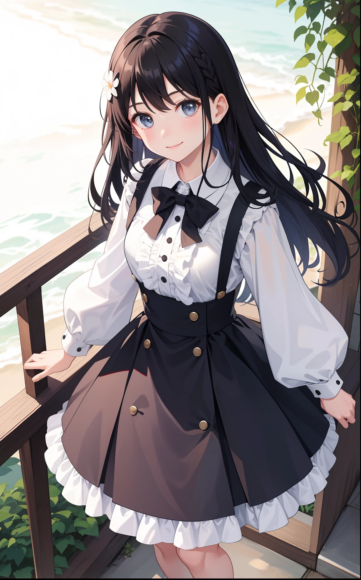 1girl in、AS-Adult、A smile、A delightful!　The shirt、skirt by the、（small tits）pinafore、doress、hair adornments、（Maids）、Spring breeze、