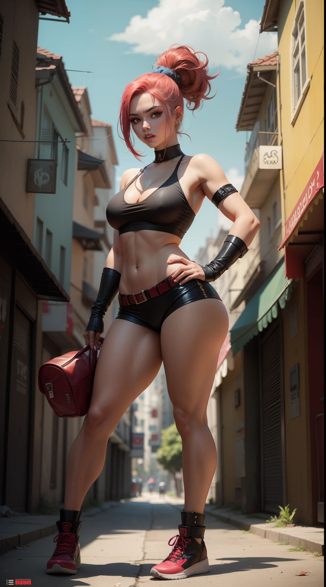 Blaze do jogo Street Of Rage, na cidade, poses de luta, usando roupa de luta,