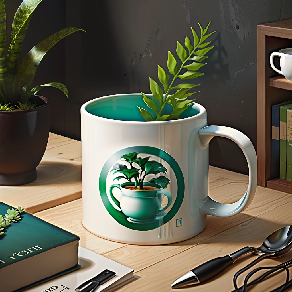 Ceramic mug with plant sculpture