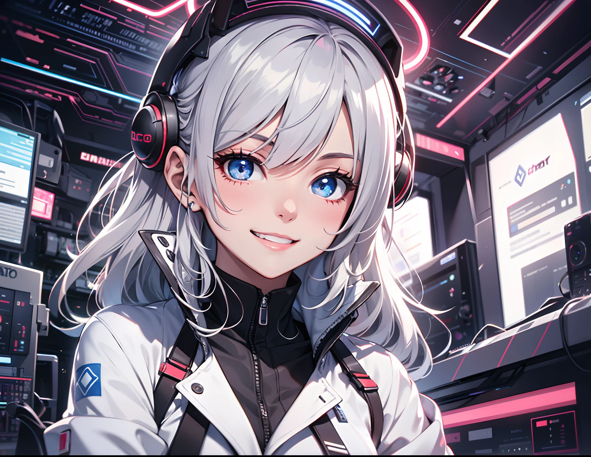 Absurd resolution, High resolution, (masutepiece: 1.4), Hyper-detailing, Silver-haired young woman dressed as technician,Red hue of the eyes、Eyes purple hue blushing、Smiling expression, Blue Neon、Being in the blue cyber digital space
