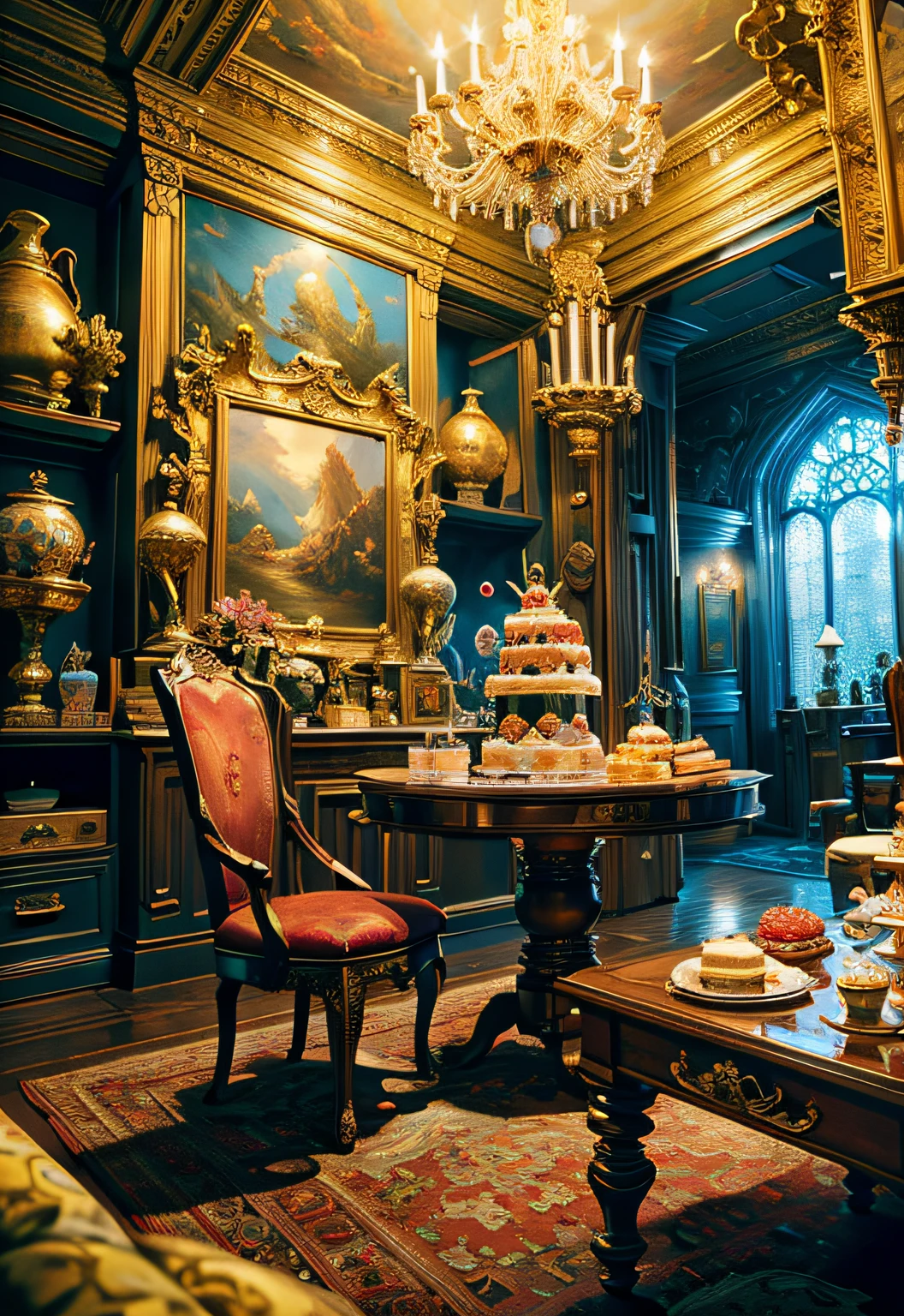 (​masterpiece、top-quality、top-quality、Beautifully Aesthetic:1.2)、(1 King's room decorated with cake)、ighly detailed、(Fractal Art:1.3)、colourfull、highestdetailed