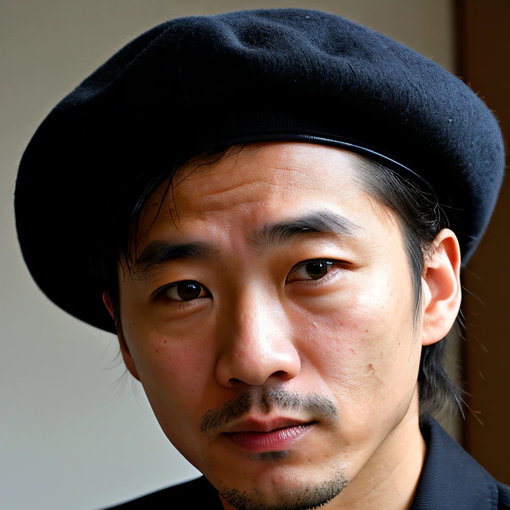 World Press Photo Winners、(awardwinning photo:1.3)、Wearing a beret、japanese male、45 yers old、Japan person's skin color、Sad face、novelist、Sit in the study、Typical Japan male characteristics、a closeup、Light scattering through the hair、ambient occlusion、Multi-layer skin shading、Facial muscle simulation、Iris and pupil rendering、Advanced color grading、Cinematic light、side lights、超A high resolution、Best Shadows