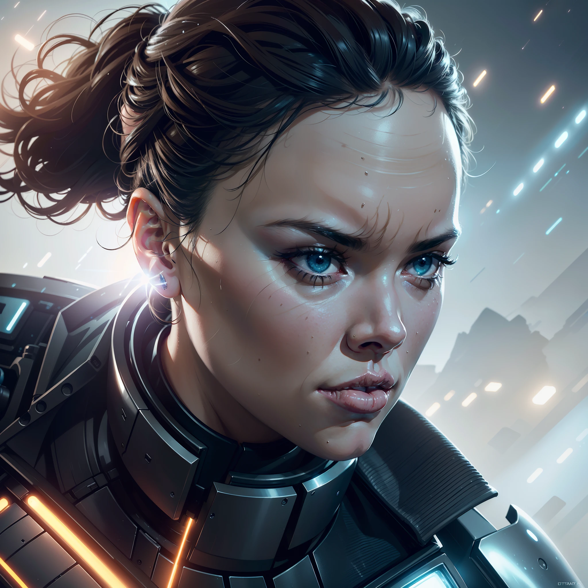 a close up action shot of epic Sci fi Hot Daisy Ridley, Detailed clothing details, Liquid effect, space, Interstellar battlefield photography, natural light, photorealism, cinematic rendering, ray tracing, the highest quality, the highest detail, Cinematic, Third-Person View, Blur Effect, Long Exposure, 8K, Ultra-HD, Natural Lighting, Moody Lighting, Cinematic Lighting