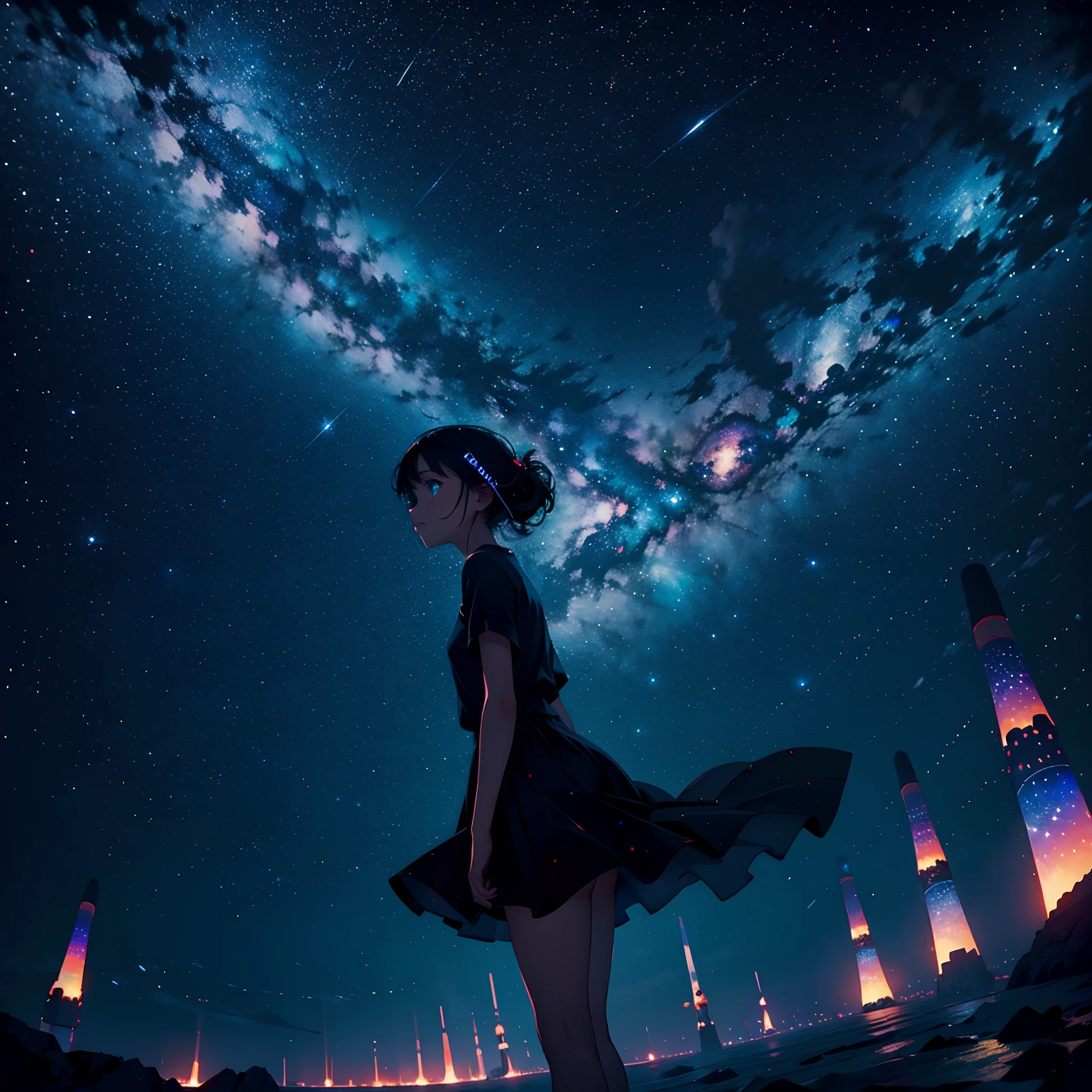 A solitary girl floating in the vastness of space, mesmerized by a mesmerizing constellation of stars, amidst the contrasting backdrop of darkness and vibrant colors.
