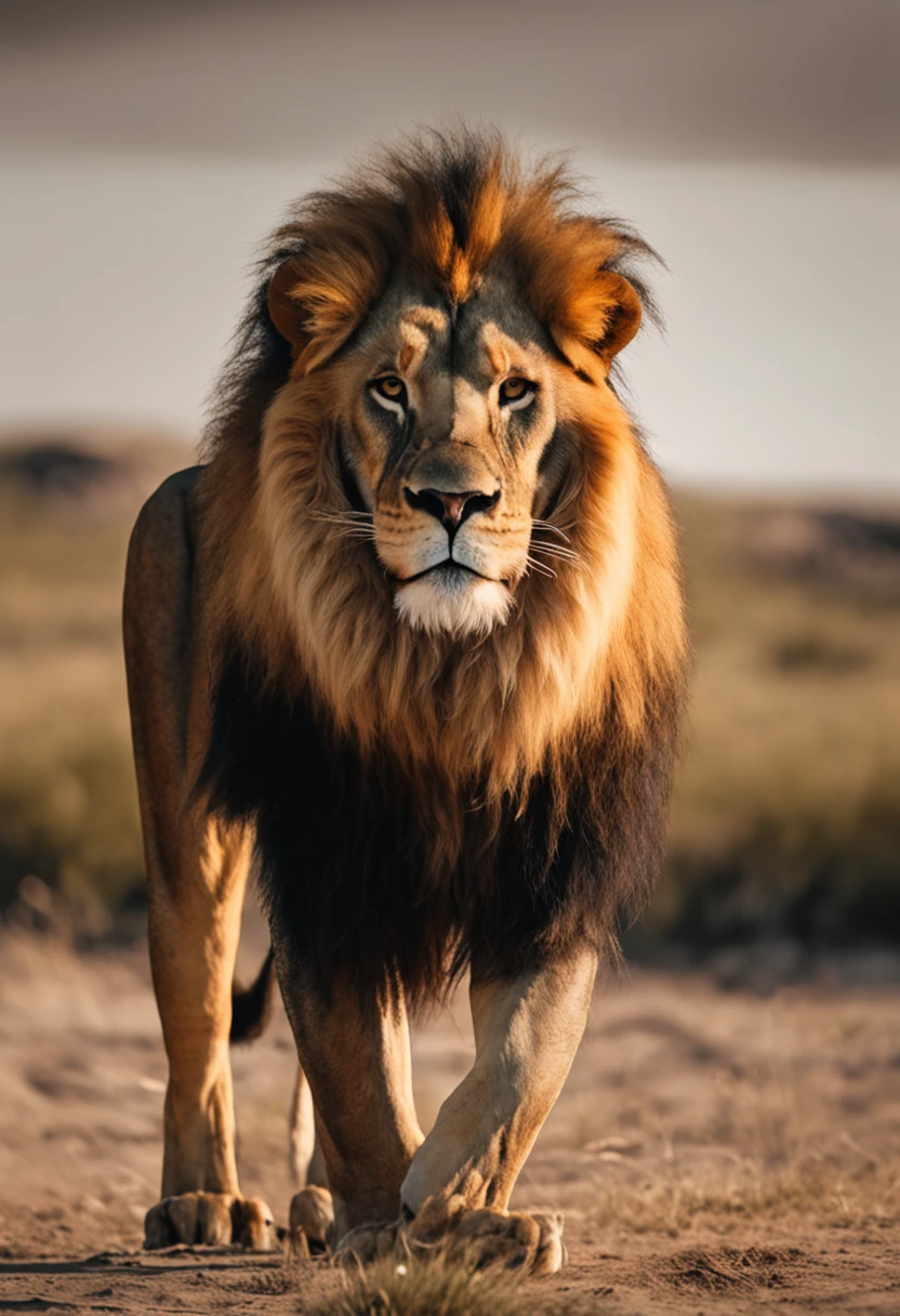 There is a lion walking on the grass with a rock in the background, Uma foto de Derek Zabrocki, Unsplash, arte digital, Rei da selva, with the mane of a lion, olhar orgulhoso, fazendo uma pose majestosa quente, Aslan the Lion, half lion, 2 d full body lion, olhar orgulhoso, arte digital animal foto, lion mane