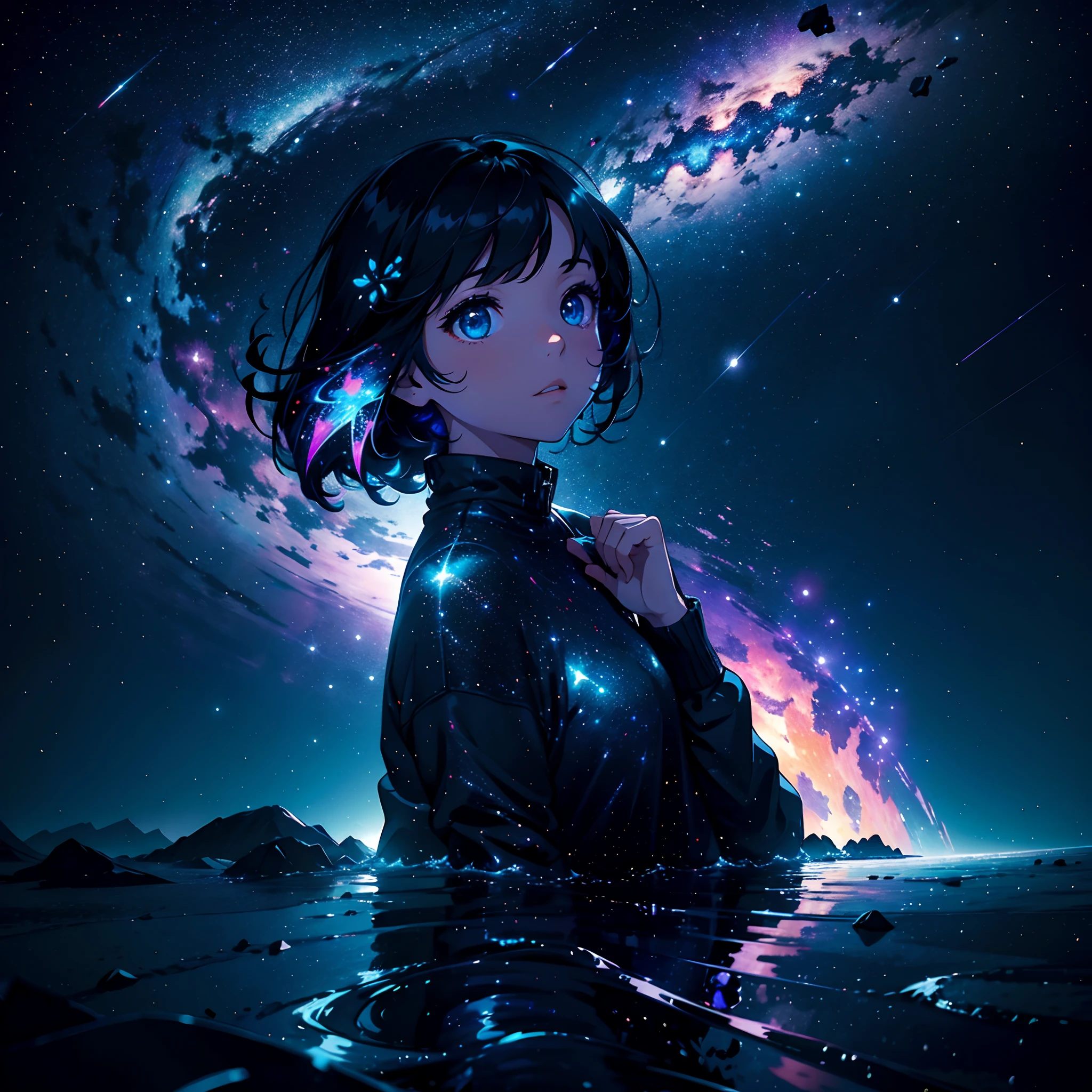 A solitary girl floating in the vastness of space, mesmerized by a mesmerizing constellation of stars, amidst the contrasting backdrop of darkness and vibrant colors.