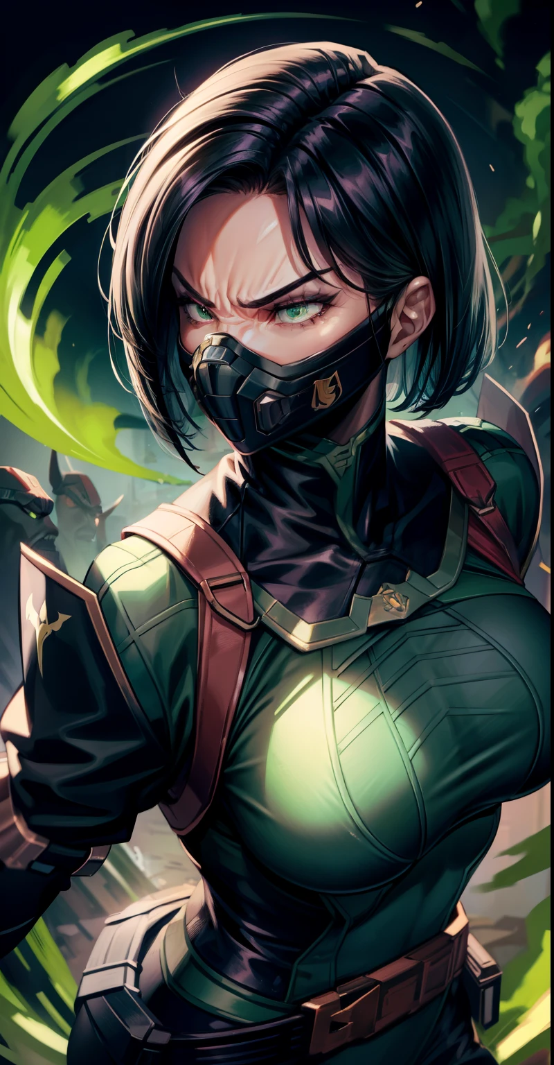 Masterpiece, Best quality,Look at the woman from the soles of her feet ，《Fearless viper》, 比基尼, mitts, belt, thigh boots, respirator, view the viewer, face, Portrait, Close-up, Glowing eyes, green smoke, Black background,huge tit，Raised chest，Close-up of chest，chest focus，Woman in bikini，angry look，Devil figure，Staring angrily at the screen，Facing the screen