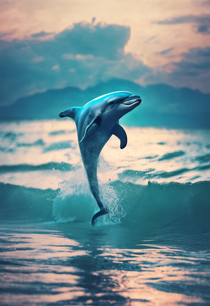 Blue ocean、Dolphin jump、Beautiful girl,Play and play,white clothes,up-close,Color saturation,Realistic details
