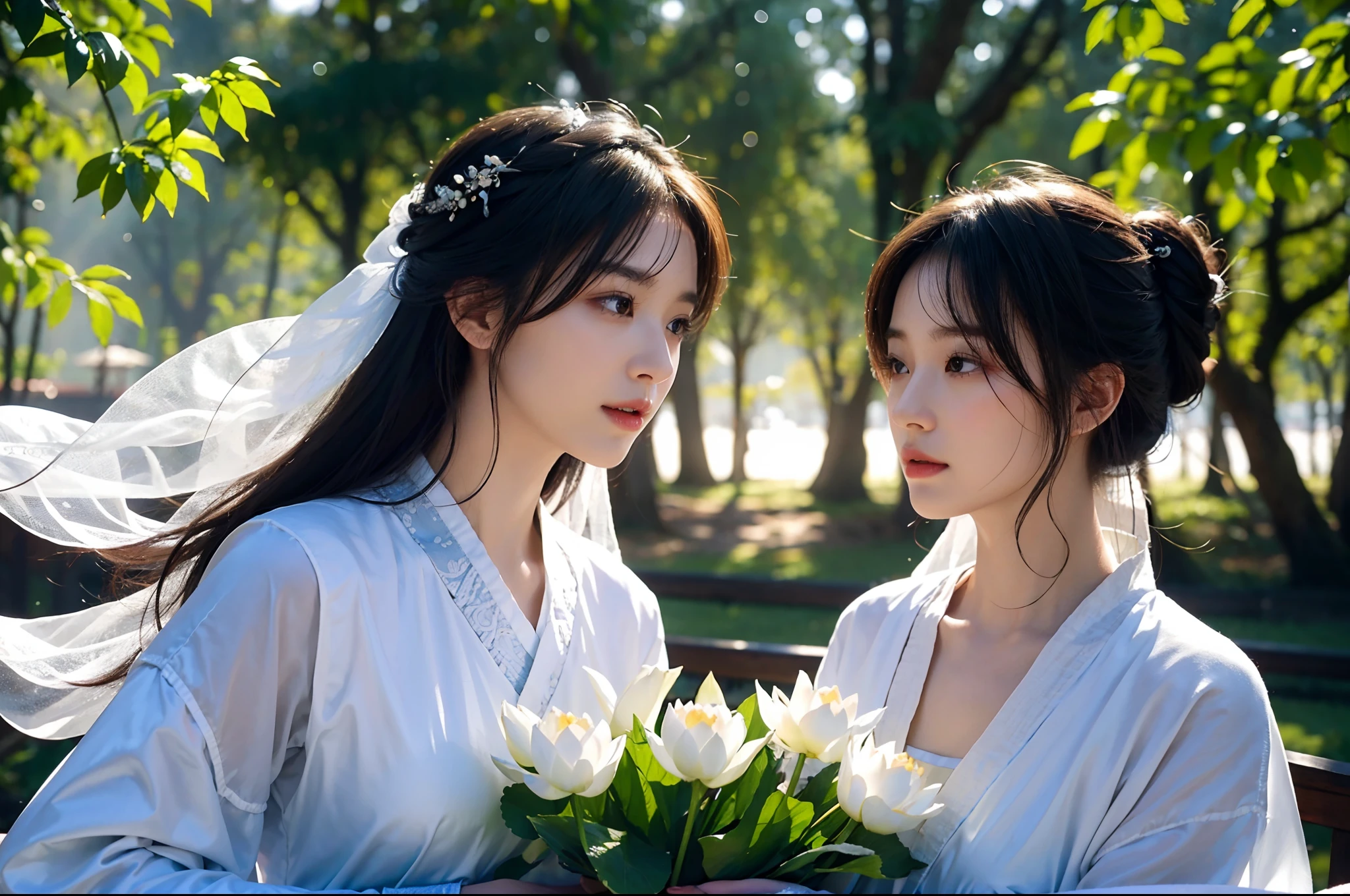 Realistic, close-up, intricate details, super detailed, natural skin texture, 1 girl, hair bundle, bun, beautiful Chinese woman in white hanfu robe cloak, fairy, white mist, golden light, white mist, outdoors, in Hangzhou West Lake, in ancient Chinese pavilion, (colorful, vivid, sunny, cool light: 1.2) lotus leaves in pond, delicate facial details, dynamic poses, exquisite details, wide field of view, epic details, global illumination - ar 3:2 - q 5 - v 5.1 - Style RAW-S 750, style influenced by ancient Chinese art, complex, high detail, sharp focus, dramatic, photorealistic painting art, lotus leaf, spring rain, bright, light, atmosphere, bright tones of spring, super detail, 16k, best quality, soft light, space, crystal clear, natural light, surreal photography,