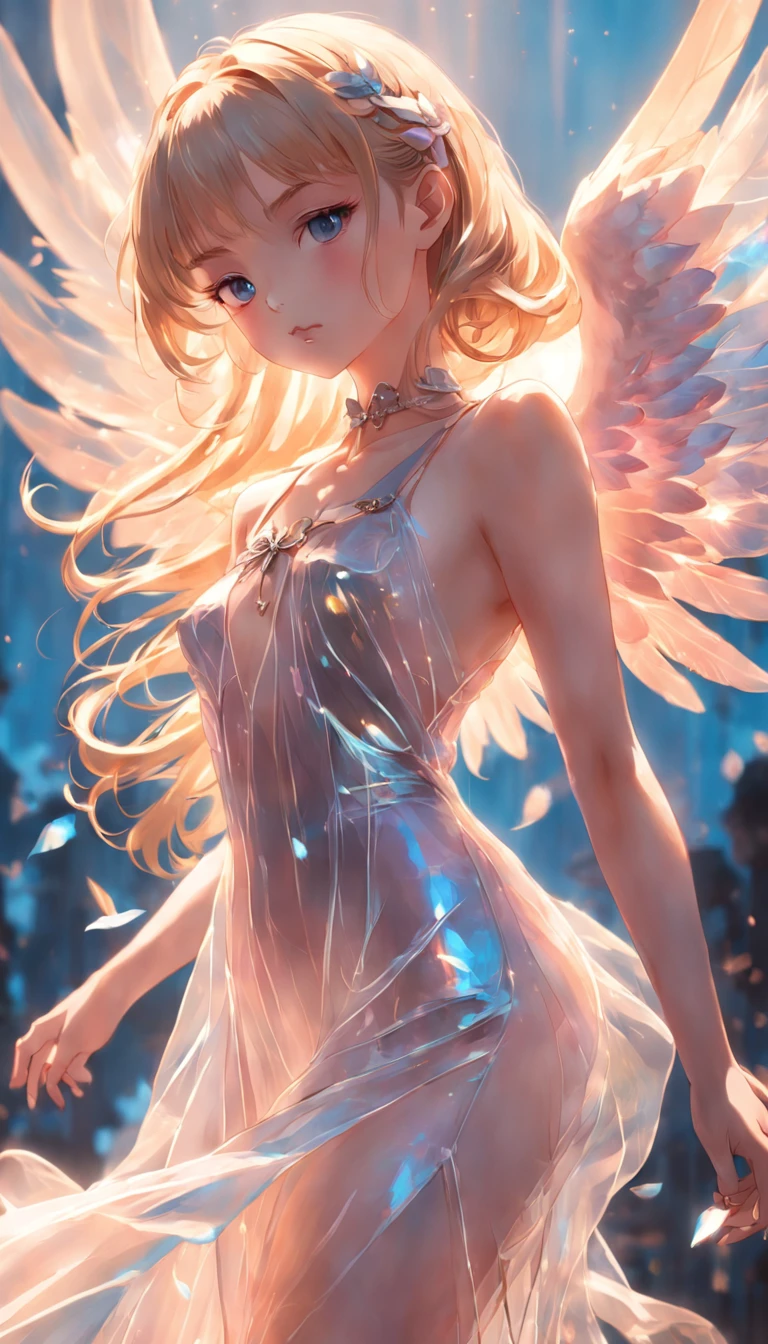 **vogue photography, Stylish female model in dress,Translucent plastic wing,angel wing, California Impressionism, Soft sunlight, Y2k beautiful,Dream style 16k