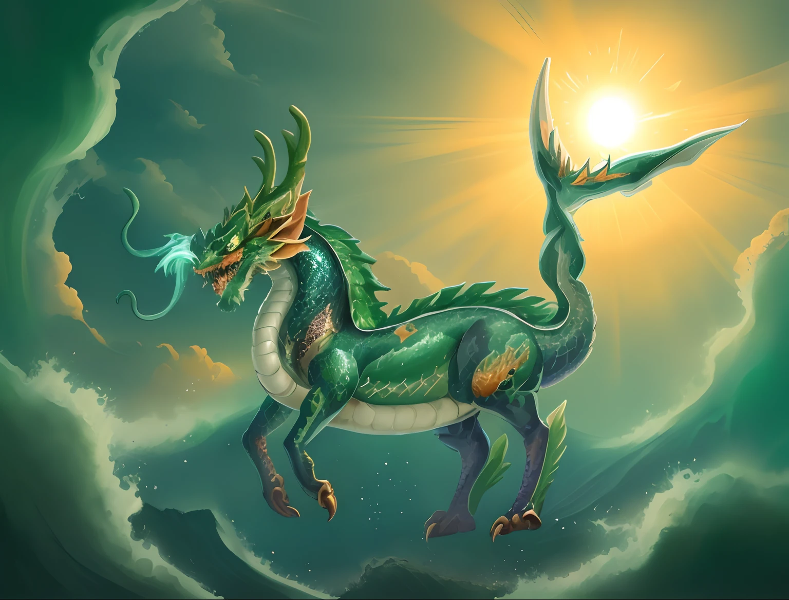 A dark green dragon with a long tail and tail is in the waves of the sea....,In the sea there are waves....,evening,Orange Sun,Orange Sun,evening, a dragon, Mythical Creatures, Mythical Creatures, Dragon Horned Curve!, anthropomorphic dragon, Chinese dragon, as an anthropomorphic dragon, Color painting, smooth chinese dragon, chinese dragon concept art, but as an anthropomorphic dragon, dragon art, Dragon with scars,Very sharp 8k body,Green flakes,Complex body;