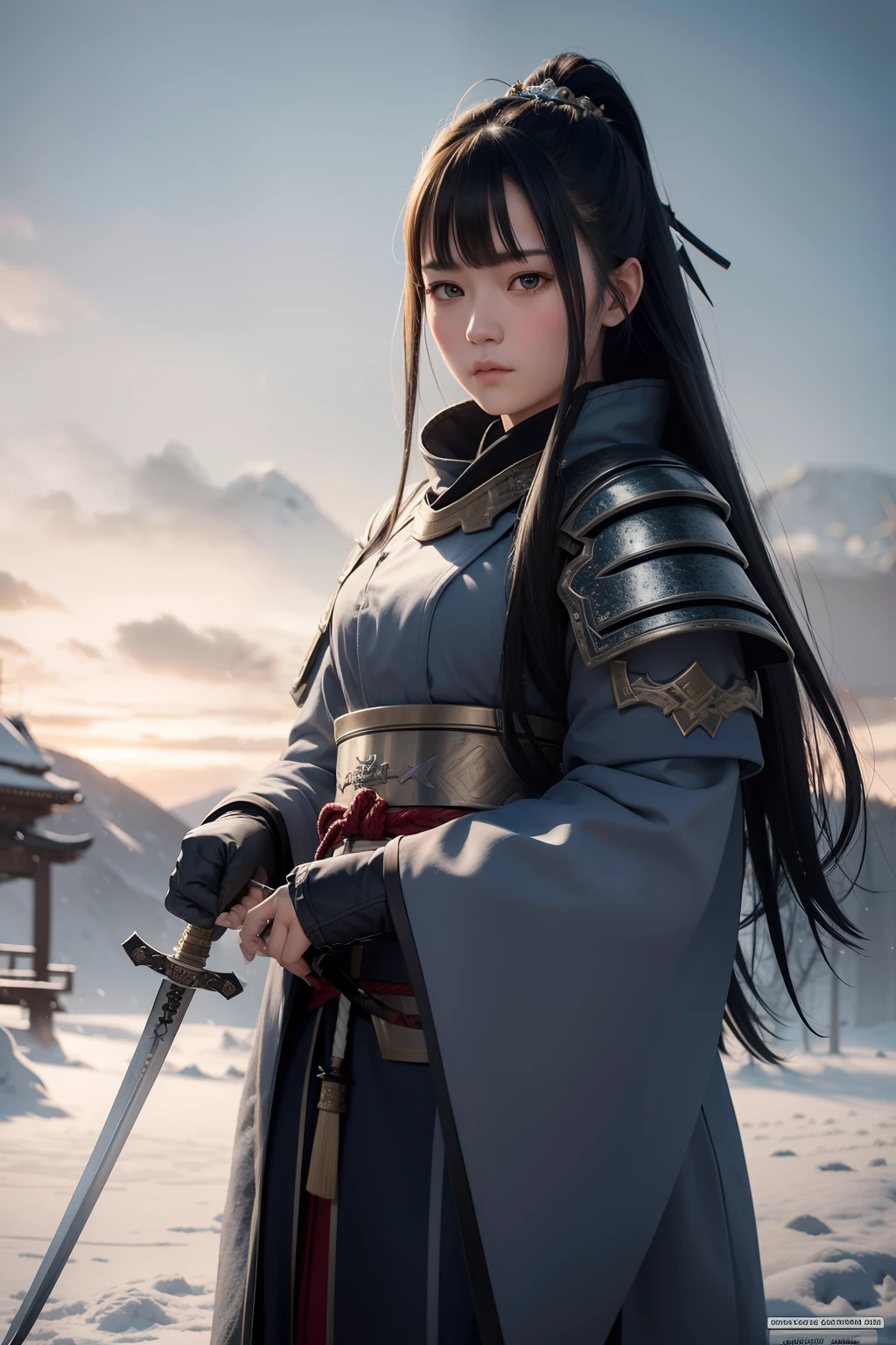 a samurai girl in the snow with swords in his hands, in the style of realistic fantasy artwork, dark gray and dark blue, martin grelle, revolutionary composition techniques, magewave, traditional costumes