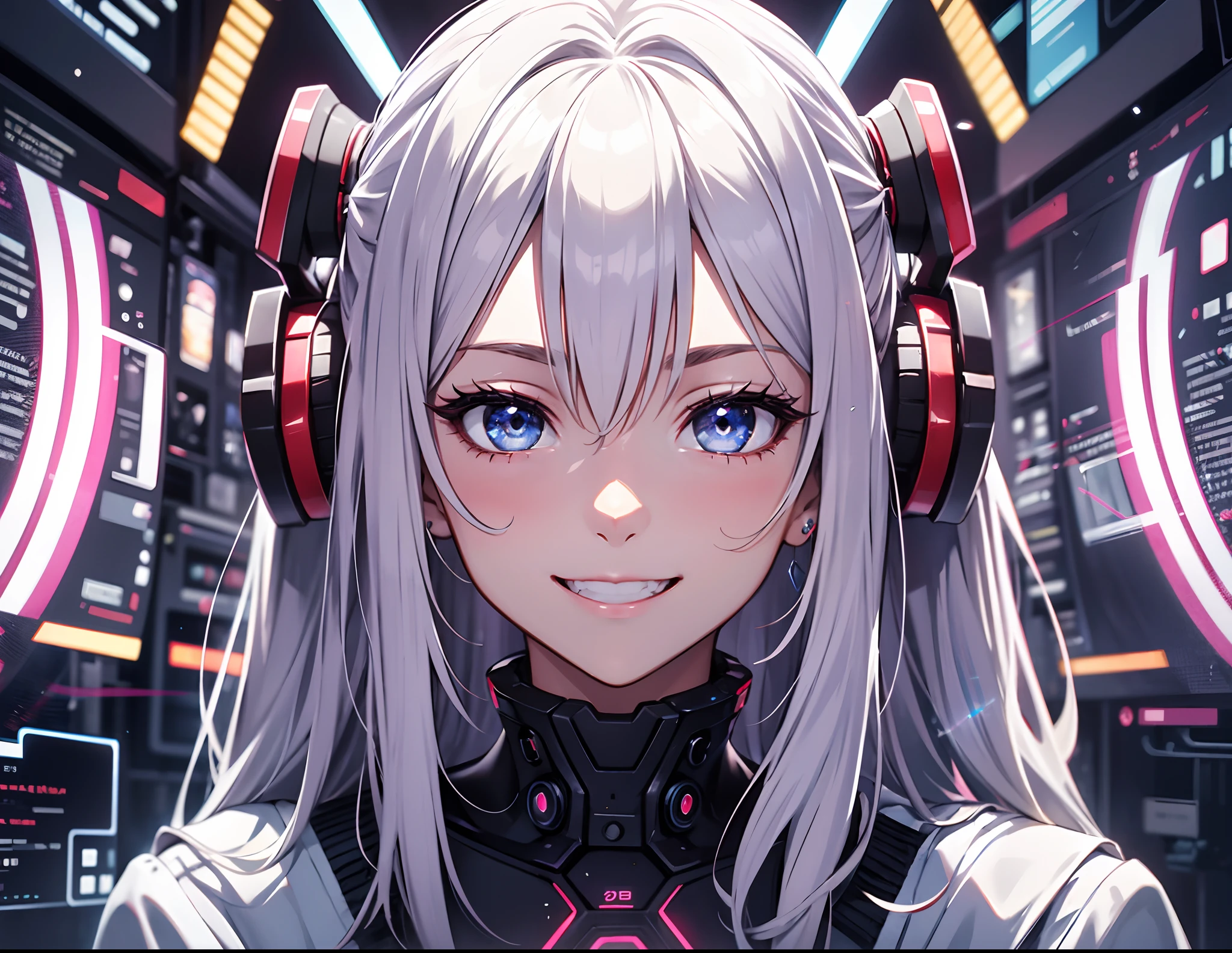 Absurd resolution, High resolution, (masutepiece: 1.4), Hyper-detailing, Silver-haired young woman dressed as technician,Red hue of the eyes、Eyes purple hue blushing、Smiling expression, Blue Neon、Being in the blue cyber digital space