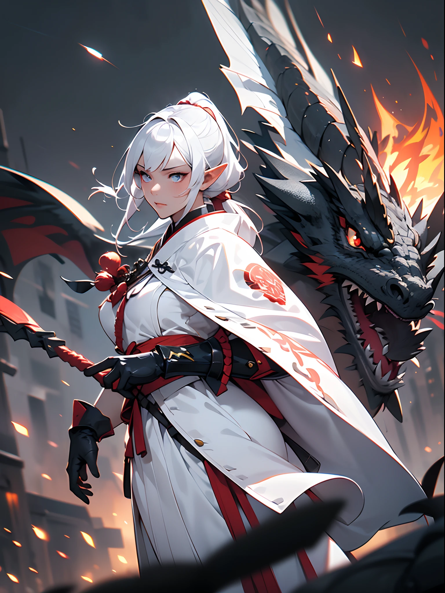 ((jpn)),1girl in,Beautiful Elven Daughter,((onmyouji)),((suikan)),((White cloak with red decoration)),Luminescent bushy silver-haired ponytail,Shining eyes,(((black gauntlet and glove))),nice hand, Perfect hands,((Quick movement)),(((Fight a black and giant dragon in the streets of a blazing night metropolis))),((Flying flames)),armor,(face forcus),(((motion blur))),(((dynamic angle))),((cinematic lighting))