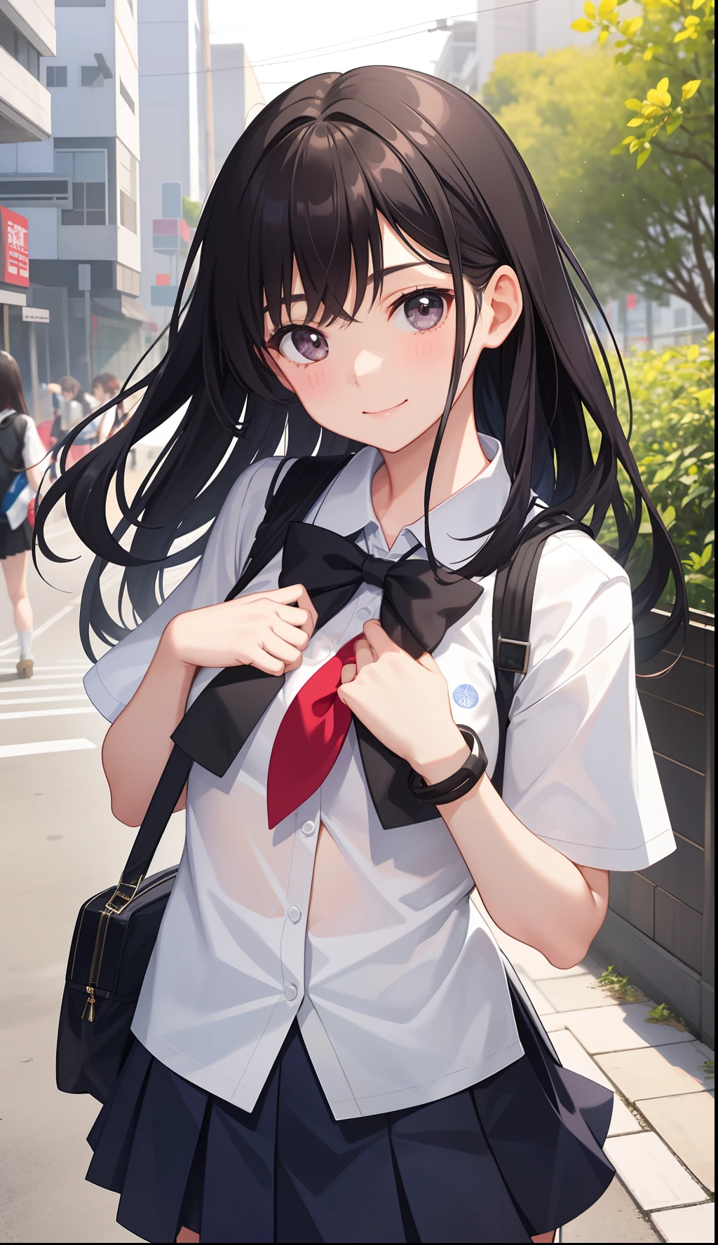 1girl in、AS-Adult、A smile、The shirt、skirt by the、(small tits)Chilarism、Japan High School Student Uniform、serafuku、summer clothing、(Sheer Bra)、Upper body portrait、the wind、loli body、