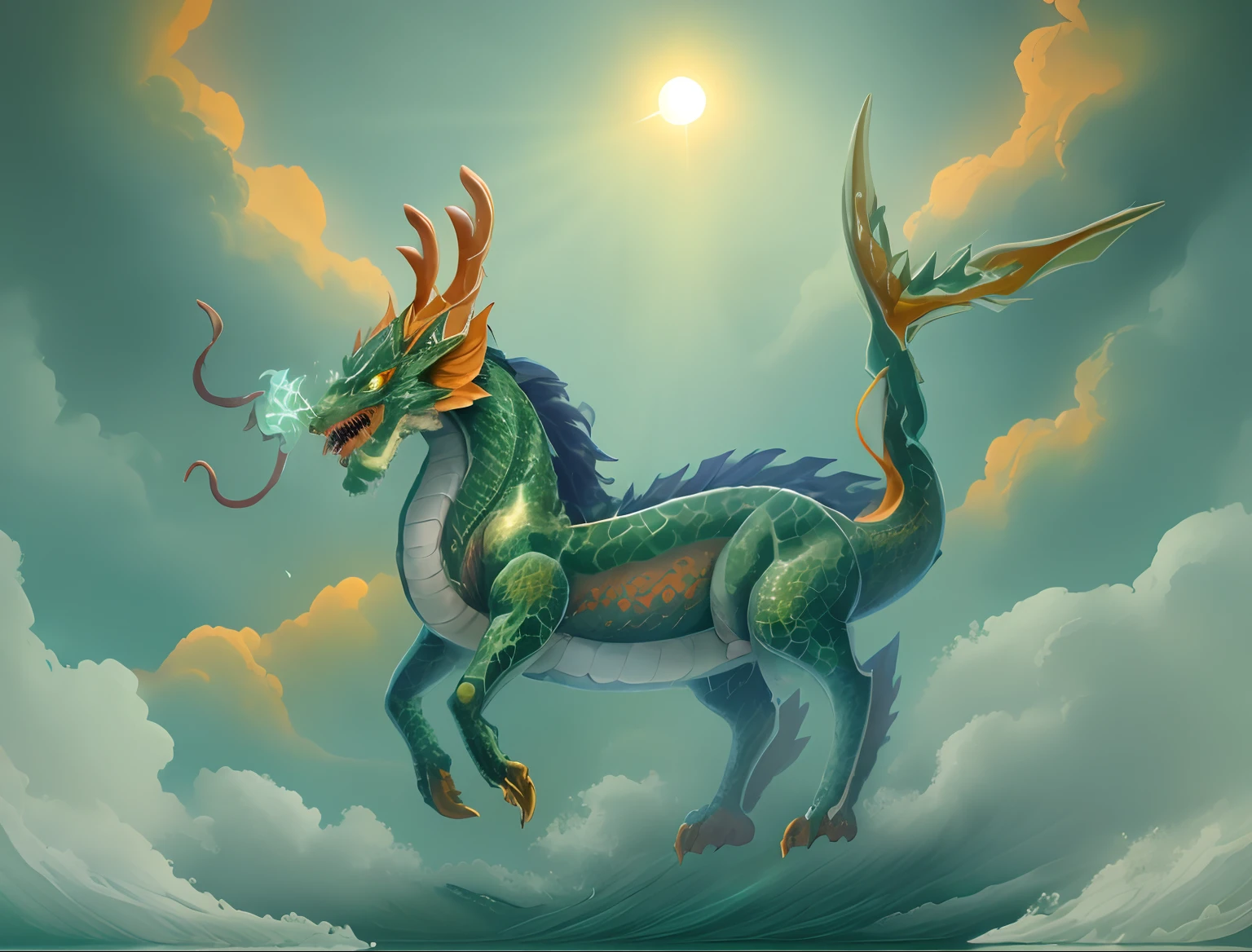 A dark green dragon with a long tail and tail is in the waves of the sea....,In the sea there are waves....,evening,Orange Sun,Orange Sun,evening, a dragon, Mythical Creatures, Mythical Creatures, Dragon Horned Curve!, anthropomorphic dragon, Chinese dragon, as an anthropomorphic dragon, Color painting, smooth chinese dragon, chinese dragon concept art, but as an anthropomorphic dragon, dragon art, Dragon with scars,Very sharp 8k body,Green flakes,Complex body;