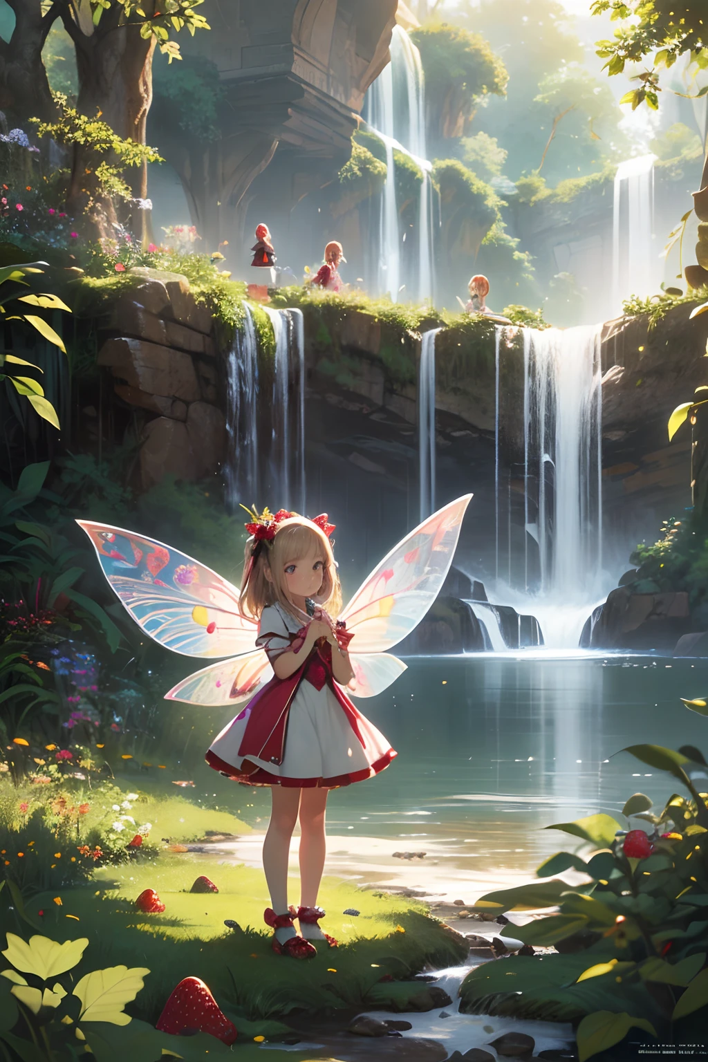 ( Absurd, High quality, ultra-detailed, masterpiece, concept art, smooth, highly detailed artwork, hyper-realistic painting ) , tiny little girl, Strawberry girl, Strawberries , transparent fairy wings, fairytale, Romantic, Vivid, whole body, in nature with waterfall, alice, ((cute:1.4)),