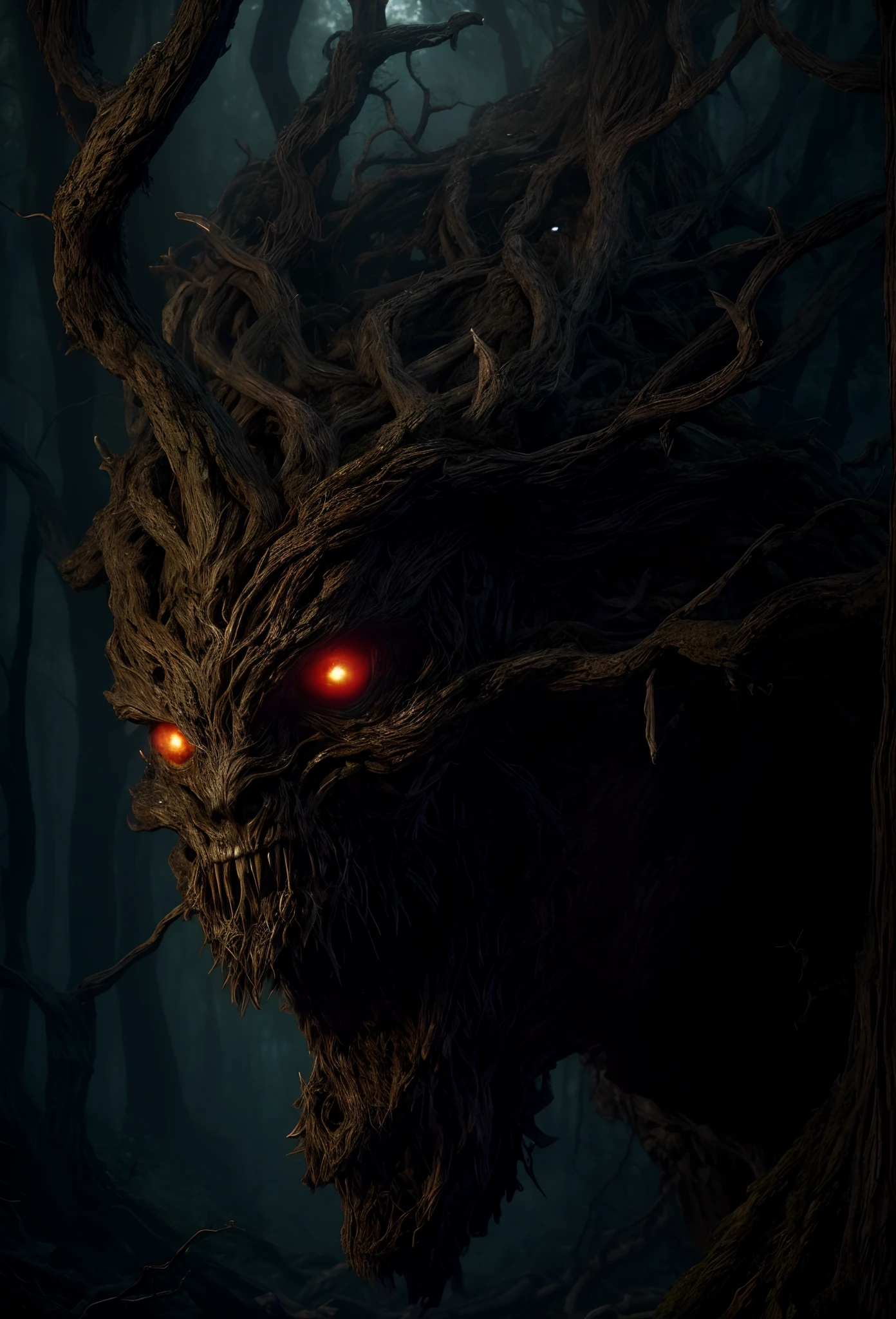 A closeup of a creepy-looking creature in a forest, Mas, Vecna de Stranger Things, treebeard, of an evil tree wizard, criatura sinistra escondendo detalhado, Ent Treant Dryad, arte de terror 4k detalhada, Arte digital escura, mas detalhada, Grande, Deus da Floresta, the trees are angry, numa floresta feita de pesadelos