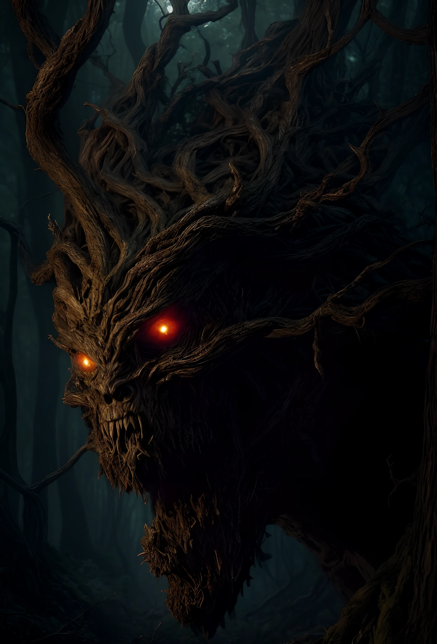A closeup of a creepy-looking creature in a forest, Mas, Vecna de Stranger Things, treebeard, of an evil tree wizard, criatura sinistra escondendo detalhado, Ent Treant Dryad, arte de terror 4k detalhada, Arte digital escura, mas detalhada, Grande, Deus da Floresta, the trees are angry, numa floresta feita de pesadelos