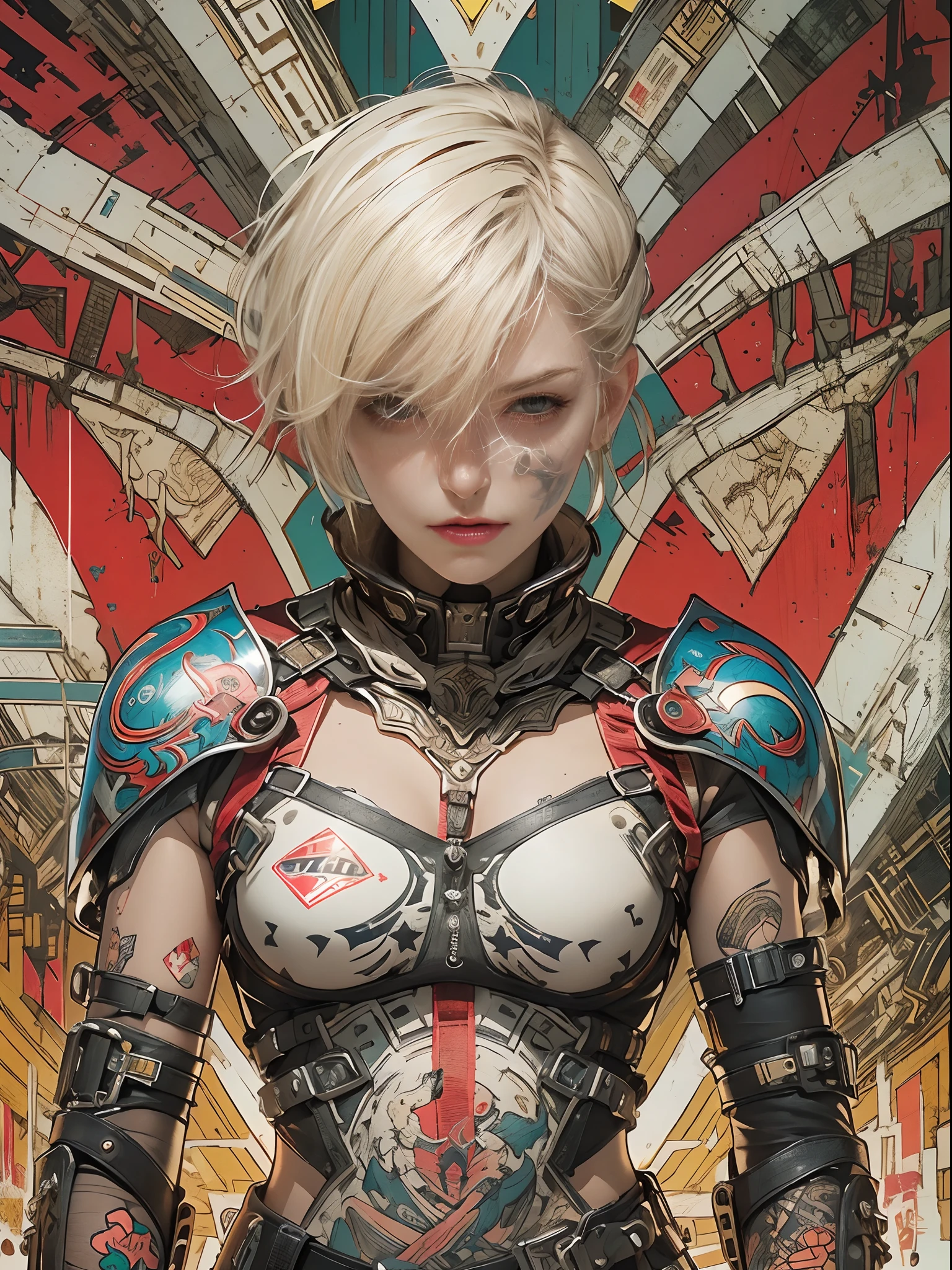 ((top-quality、8K、32K、​masterpiece、nffsw:1.3)), (superfine illustration)、(超A high resolution), (((adult body))), (((1girl in))), ((( Bob short hair ))), 25-year-old cyberpunk gladiator with a perfect body, Shoulder pads with metal spines, Gladiadores in Brooklyn, (( Bob short hair )), Small leather panties, Torn rugby team shirt, Almost naked in Simon Bisley's urban savage style, short blond hair, Minimum clothing, Metal protection on the left arm with complex graphics, Dark red with white stars and blue and white stripes, s Armor, Full of tips and rivets, Poison tattoo (((Image from the knee up))), short white blonde hair, In the background、 There is a wall with an intricate design painted by Shepard Fairey