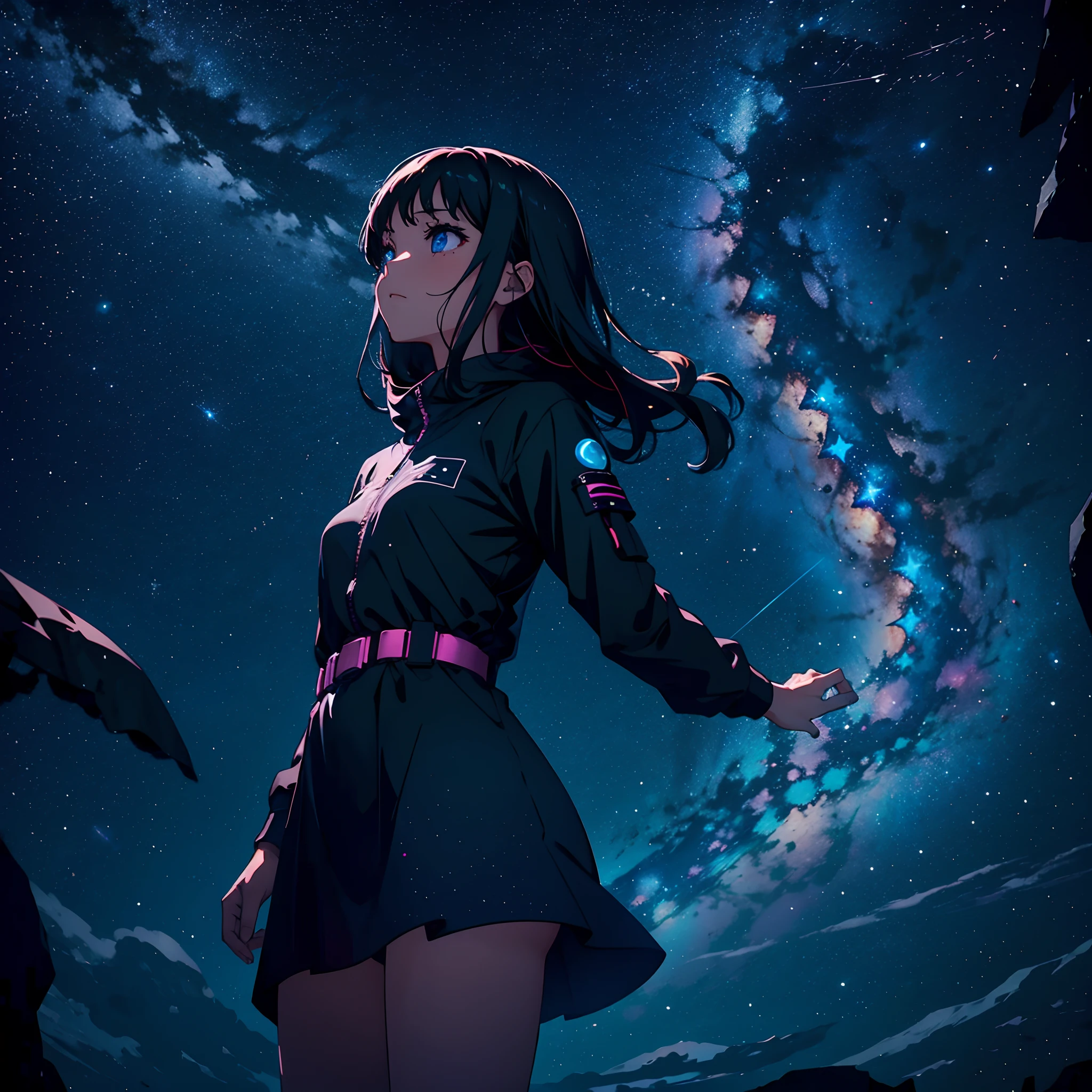 A solitary girl floating in the vastness of space, mesmerized by a mesmerizing constellation of stars, amidst the contrasting backdrop of darkness and vibrant colors.