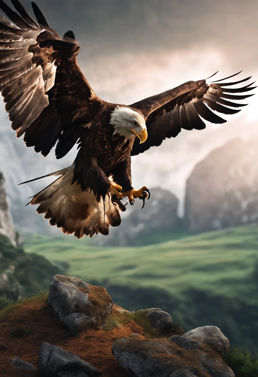 There is an eagle flying in the grass with a rock in the background, Uma foto de Derek Zabrocki, Unsplash, Arte Digital,