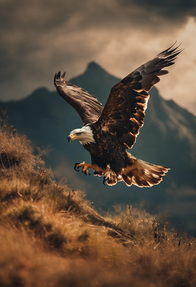 There is an eagle flying in the grass with a rock in the background, Uma foto de Derek Zabrocki, Unsplash, Arte Digital,