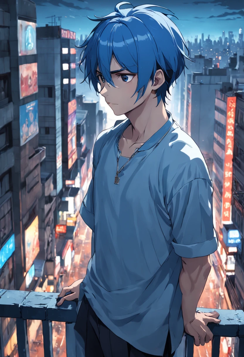blue hair shirt straight back bare chest dsnudo thoughtful serious man wearing the same boy, piel oscura cabello azul largo y lacio no mira al espectador, Third Shot mira a la ciudad de Nueva York, from 15 yearsg out from the gloomy city balcony, nunca mira ala camara. , Straight blue hair if shirt standing on a terrace looking at a strange city, tiene mirada triste guerrero diamante bl8ckIC