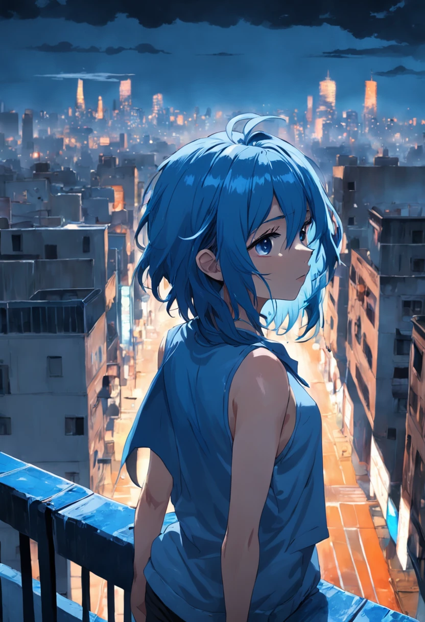blue hair shirt straight back bare chest dsnudo 15 years thoughtful serious man wearing the same boy, piel oscura cabello azul largo y lacio no mira al espectador, Third Shot mira a la ciudad de Nueva York, from 15 years old, Looking out from the gloomy city balcony, nunca mira ala camara. , Straight blue hair if shirt standing on a terrace looking at a strange city, tiene mirada triste guerrero diamante bl8ckIC