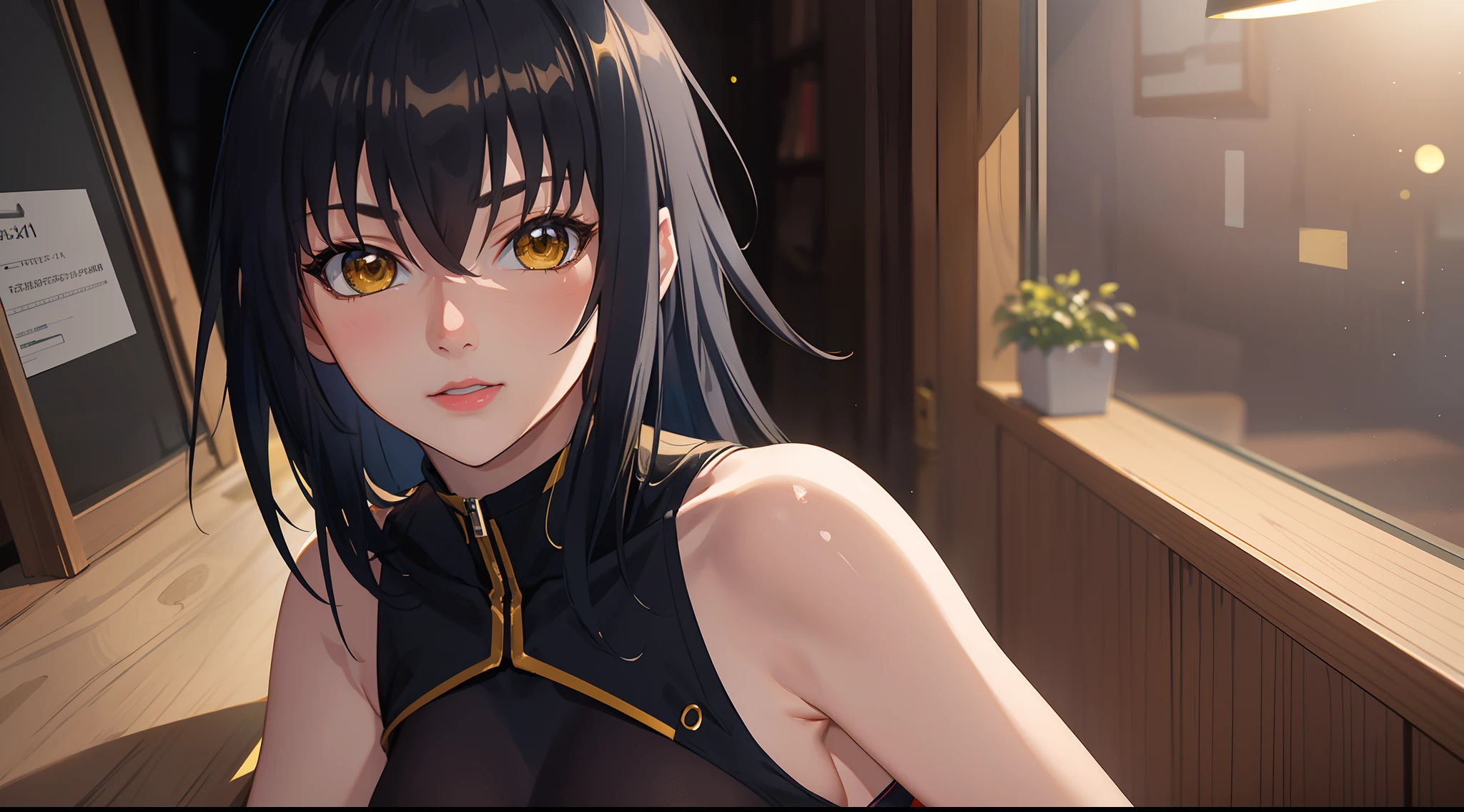 professional artwork, Intricate Details, field of view, sharp focus, detailed painting, photorealistic lighting, trending on pixiv,(masterpiece:1.0),(best_quality:1.0), ultra high res, ultra-detailed, photography, 8K, HDR, highres, absurdres:1.2, Kodak portra 400, film grain, sharp focus, bokeh:1.2, lens flare, (vibrant_color:1.2), (((indoors, dark night district))), Annerose, 1girl, female mature, ((long hair, only black hair:1.4)), (yellow eyes), large breasts, ((bodysuit, fully dressed)), soft skin, hair intakes, (solo:1.4), (upper body, half body shot), confident, energetic