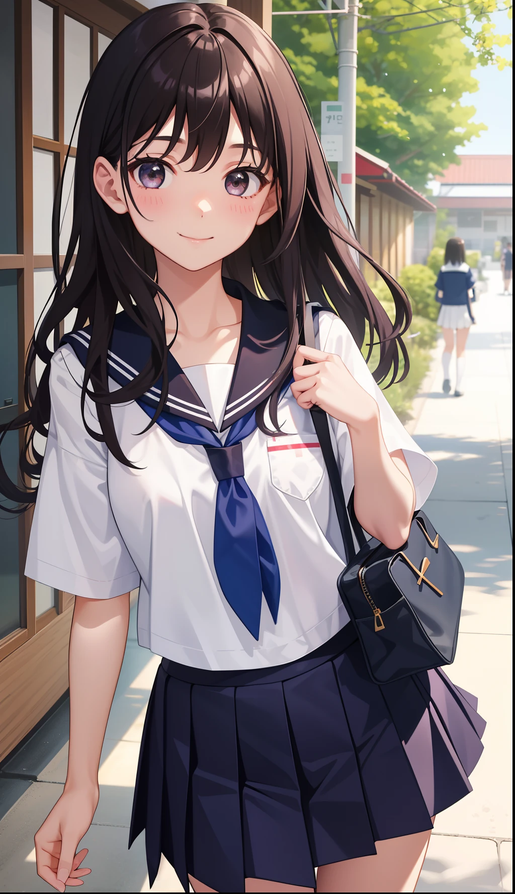 1girl in、AS-Adult、A smile、The shirt、skirt by the、(small tits)Chilarism、Japan High School Student Uniform、serafuku、summer clothing、(Sheer Bra)、Upper body portrait、the wind、loli body、