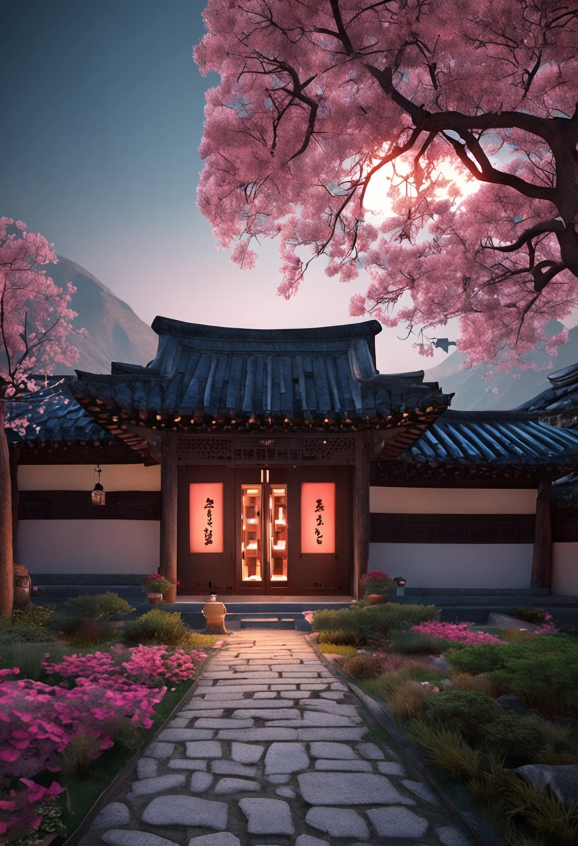 Create an enchanting and poignant image set in the Joseon Dynasty. The scene takes place in a serene courtyard illuminated by the gentle glow of traditional lanterns under the moonlit night sky. The courtyard is surrounded by classic architecture, and stone paths crisscross the area, symbolizing the rigid expectations of society.