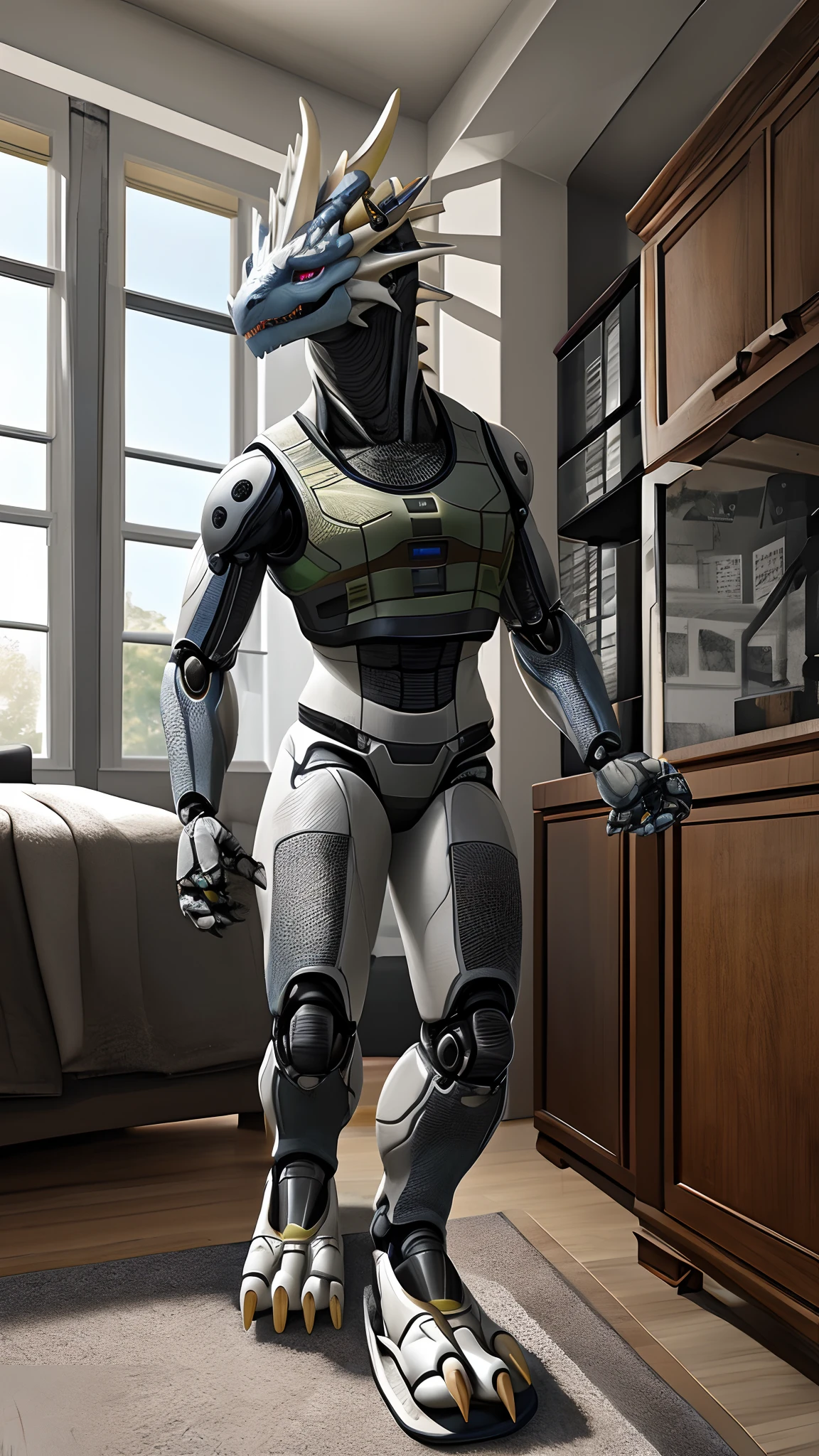 Bionic robot dragon,female,Gilet blanc,white panties,slippers,Install the controlled chip in the apartment,HD graphics,Detailed and realistic,high detal,high qulity,photo-realistic,photorealistic eye,Detailed paws,Clear eyes,Masterpiece artwork
